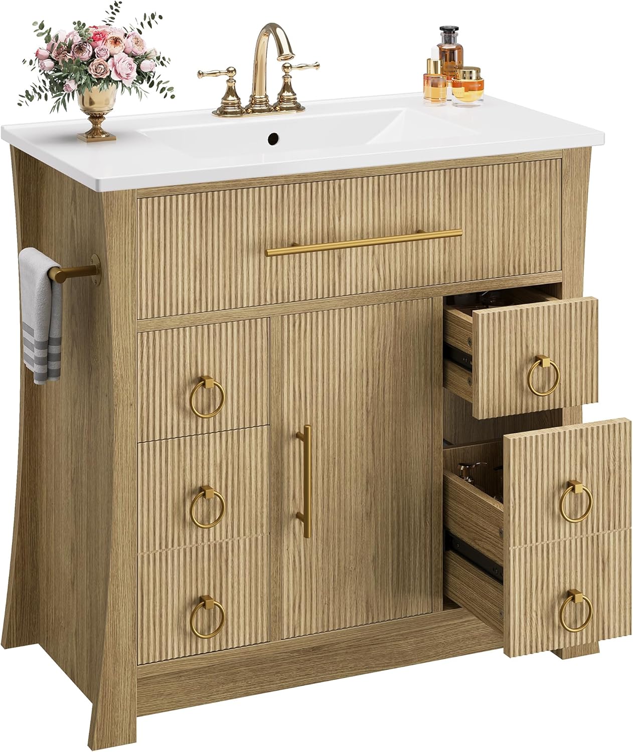 IRONCK 36" Bathroom Vanity with Sink, Freestanding Bathroom Sink Cabinet with 4 Drawers & 1 Flip-Down Drawer, Wood Grain Texture, Metal Handle, Farmhouse