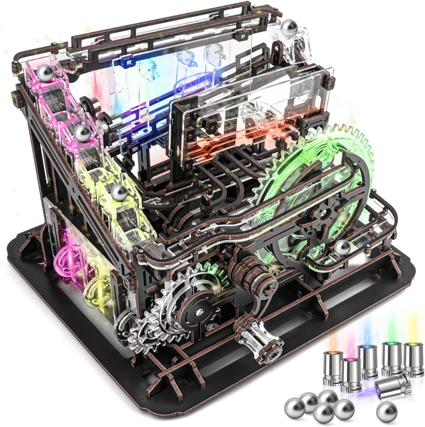 Own1one Marble Run 3D Puzzle for Adults - 3D Wooden Puzzles Marble Run with LED Hand Cranked Wooden Model Kit with Balls - Gift for Teens & Adults
