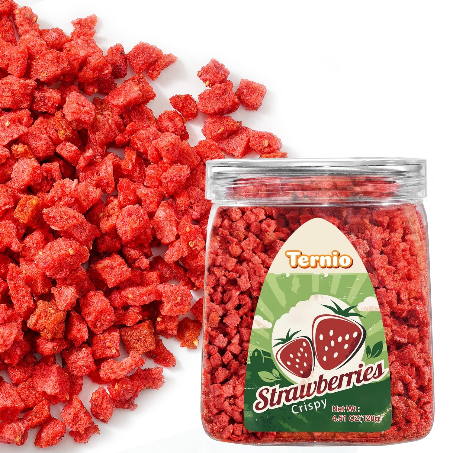 Ternio Premium Freeze Dried Strawberries - 4.51 Oz/128g - Trace Maltose Frozen Dried Strawberry Pieces - 100% Natural - Healthy Freeze Dried Fruit Snack & Topping for Beverages or Recipes.