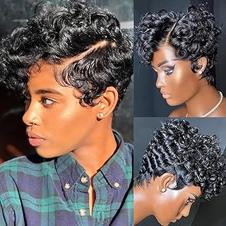 13x4x1 T Part Lace Frontal Wig Pixie Cut Lace Frontal Wigs for Black Women Brazilian Curly Wavy Virgin Human Hair Lace Front Wigs for Women Short Layered Pixie wigs for Women(natural black)