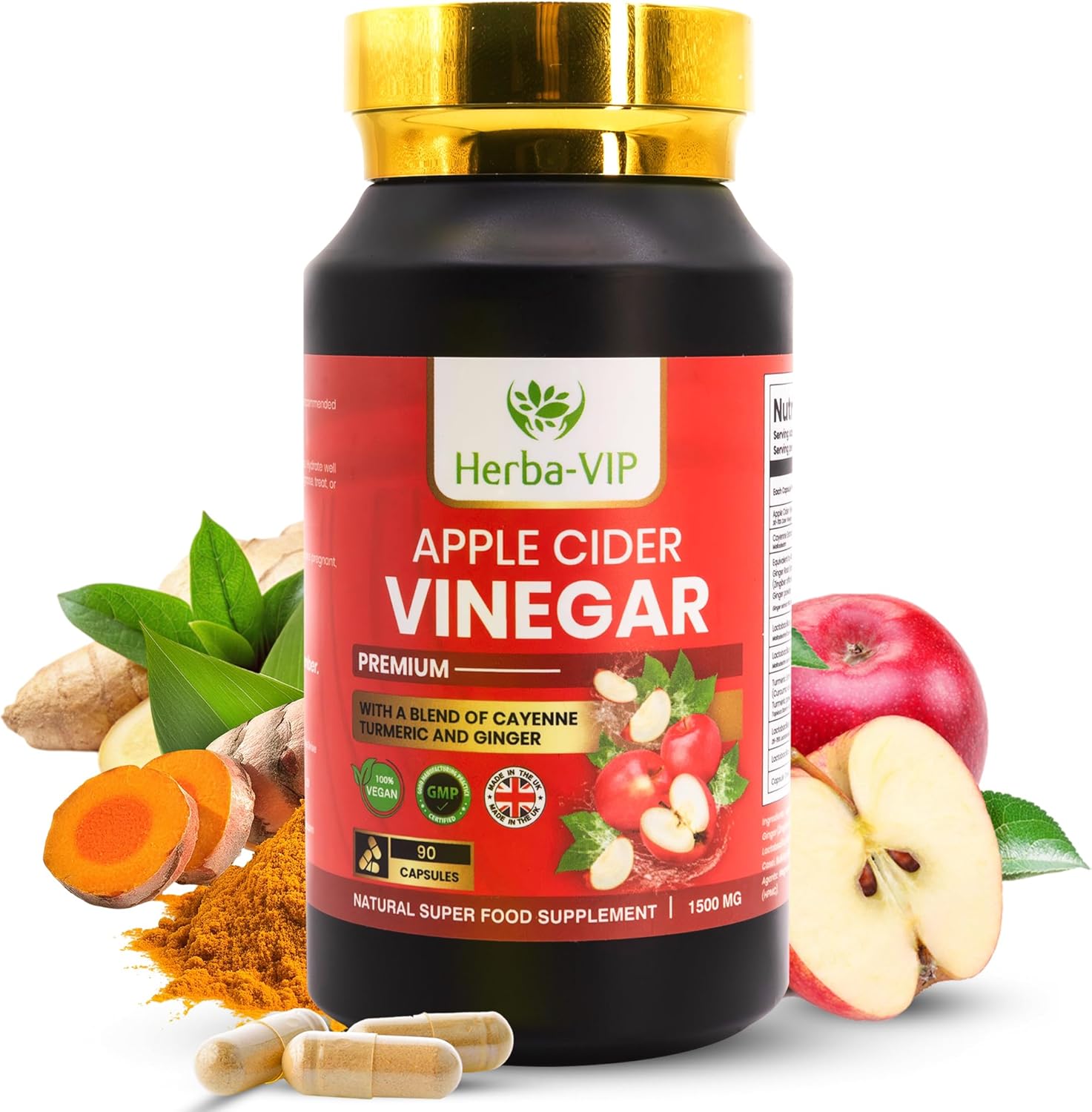 Apple Cider Vinegar Premium Capsules with Cayenne Pepper, Turmeric & Ginger Root - Vegan Tablets - Boost Metabolism & Energy Level - Powerful Detox & Digestion Support
