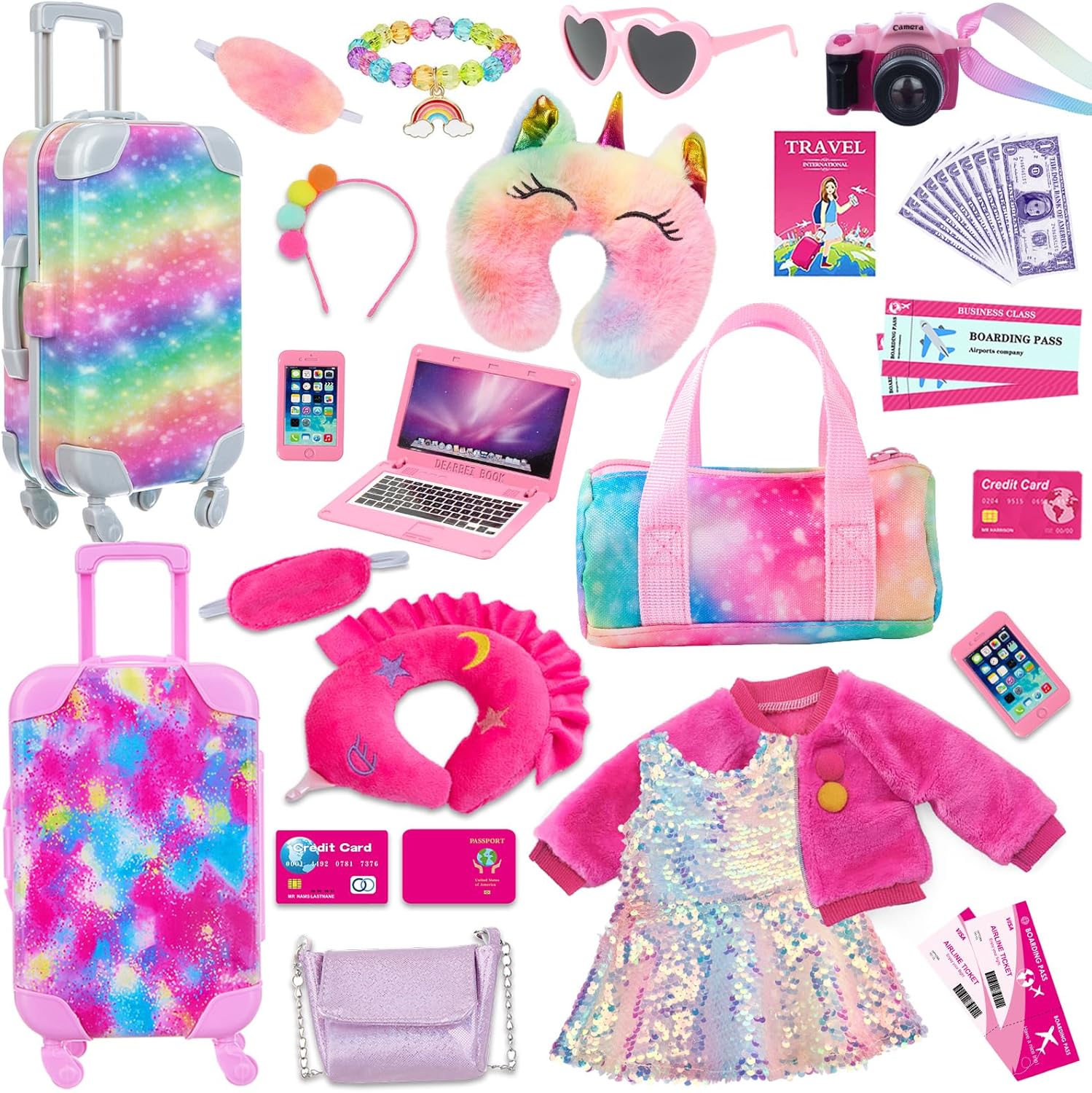 K.T. Fancy 35 Pcs American 18 Inch Doll Accessories Suitcase Luggage Travel Set, Doll Travel Suitcase Playset for Girls, Cute Travel Doll Clothes for 18 Inch Girl Doll(Not Include Doll & Shoes)