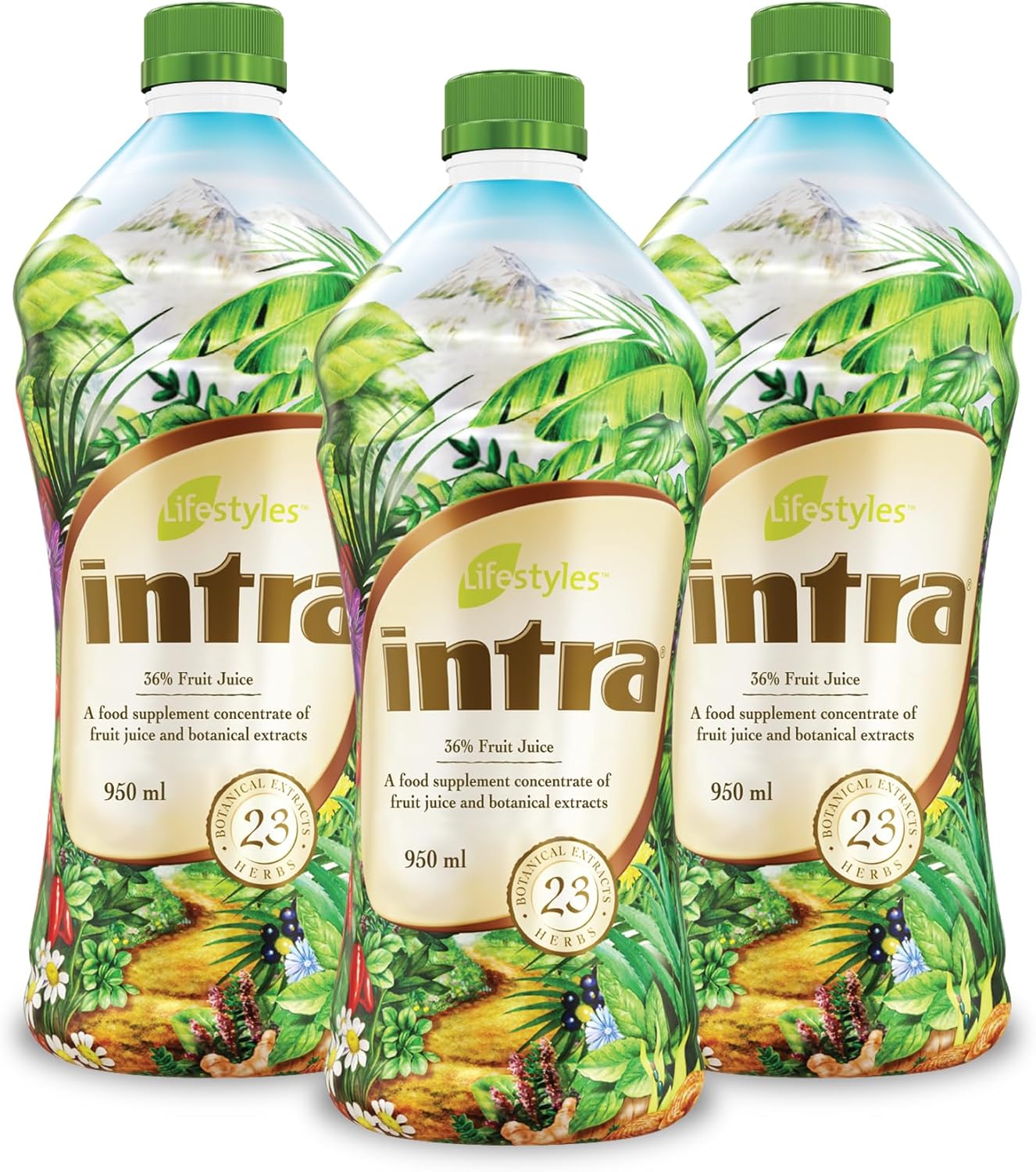 Intra Lifestyles Herbal Juice Drink – Botanical Beverage for Immune Support, Detox, Digestive & Cardiovascular Health – 23 Botanical Extracts – Made in Canada Trio Pack (950 mL /32 fl oz Each)