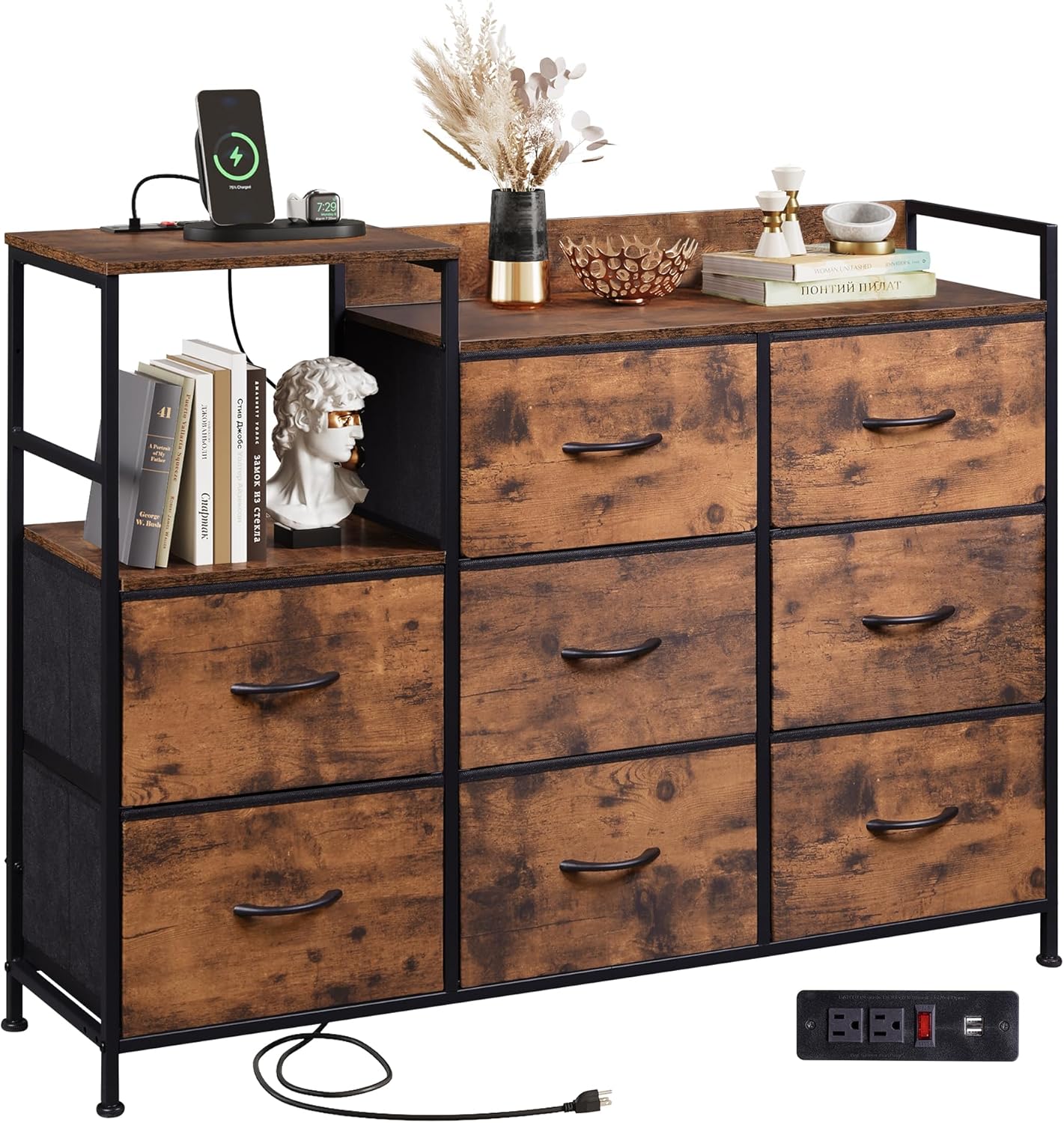 WLIVE Dresser TV Stand for Bedroom with Charging Station, Wide Storage Chest of Drawers with 8 Large Fabric Drawers and Open Shelves, Storage Organizer Unit for Closet, Living Room, Rustic Brown