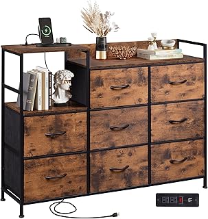 WLIVE Dresser TV Stand for Bedroom with Charging Station, Wide Storage Chest of Drawers with 8 Large Fabric Drawers and Open Shelves, Storage Organizer Unit for Closet, Living Room, Rustic Brown