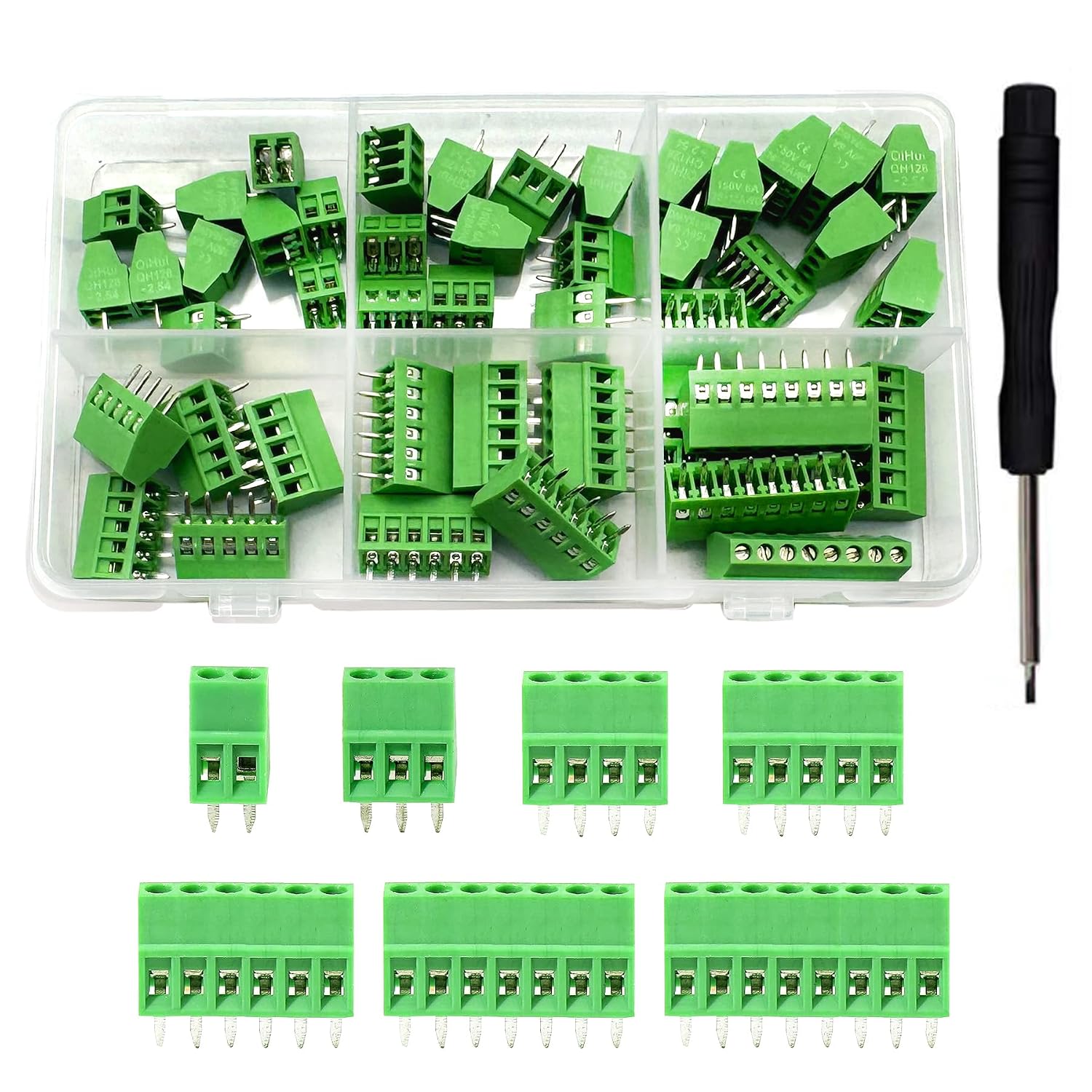 46PCS 2.54mm 0.1" Pitch PCB Mount Screw Terminal Block Connector, Minidodoca 2P 3P 4P 5P 6P 7P 8P Terminals 150V 6A for 26-18AWG Cable,Equipped with Special Screwdriver