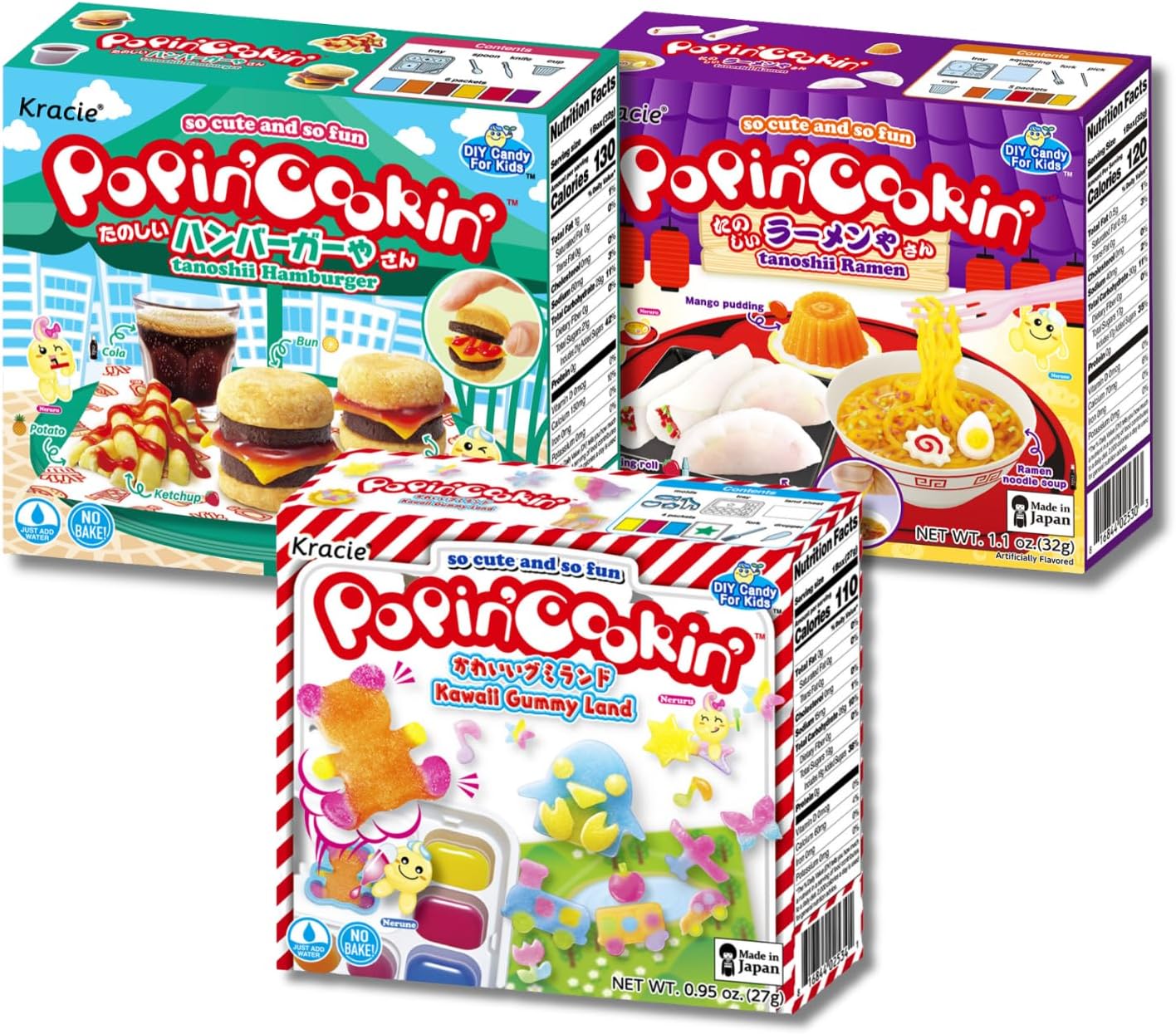 umaya Kracie Popin’ Cookin' DIY Candy Making Kit for Kids - Tanoshii Hamburger, Gummy Land, Ramen (3 Pack Variety Bundle)