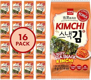 Wang Korean Roasted Seaweed Snack with Kimchi Flavor, Crispy Healthy Sea Snack, Pack of 16