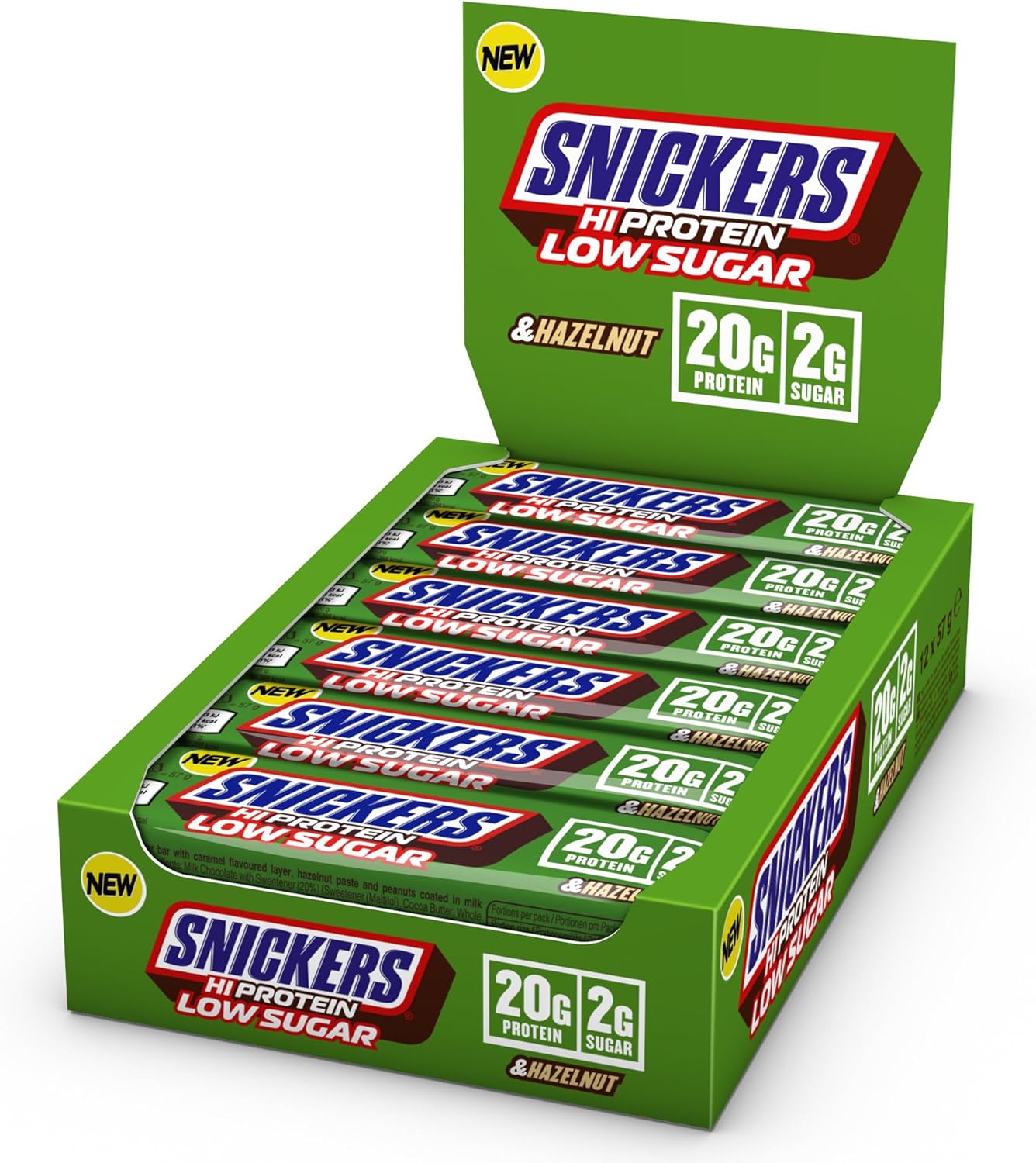 Snickers - High Protein Bars | Low Sugar, Only 2g of Sugar per bar, Hazelnut and Milk Chocolate Flavour, 12 x 57g Box, 20g Protein