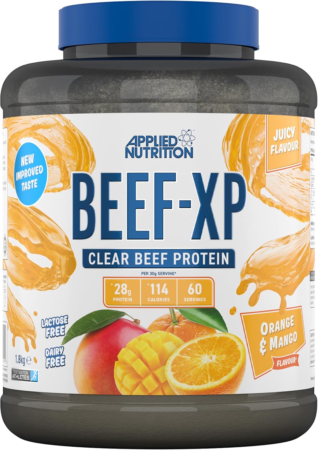 Applied Nutrition Beef XP - Clear Hydrolysed Protein Isolate, Fruit Juice Style, Dairy Free Beef Protein Powder, Lactose Free, Zero Sugar, Low Fat, 1.8kg - 60 Servings (Orange & Mango)