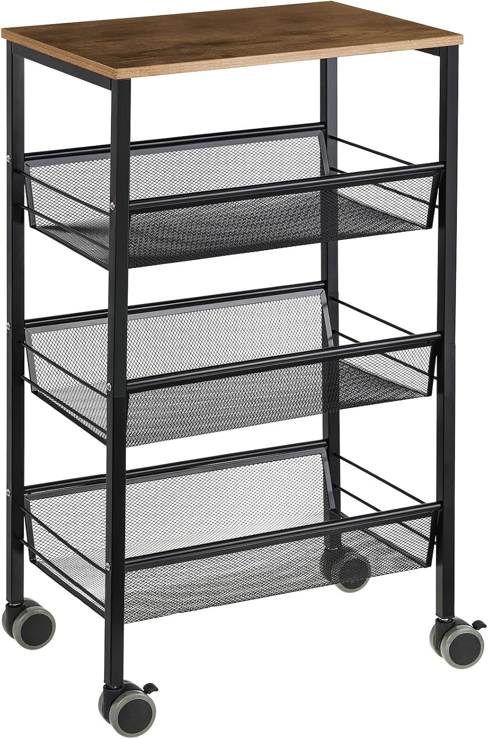 YBING 4-Tier Rack Trolley with Wooden Top Plate, Kitchen Storage Wagon, Multi-Purpose Rolling Cart with Casters W‘44 x D’29 x H‘76.5 cm Easy to Assemble for Kitchen Bathroom Livingroom