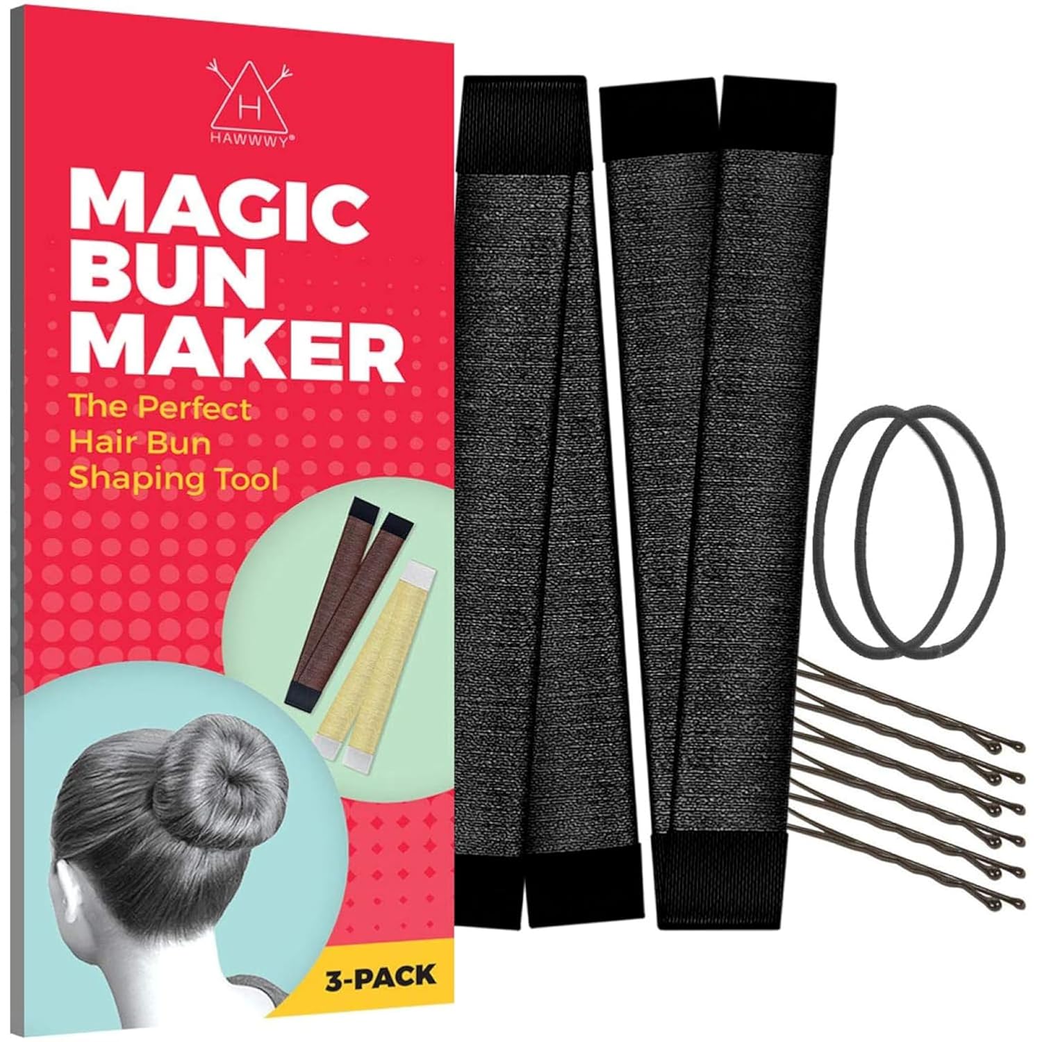 Hawwwy Premium 2 Piece Snap-and-Roll Hair Tool - Magic Bun Maker with Hair Ties, Bobby Pins for Updos, French Twists - Black