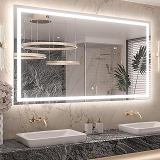 Keonjinn LED Bathroom Mirror 60 ” x 36 ” with Frontlit & Backlit, Lighted Mirror with Stepless Dimmable 3-Color Lights, Bathroom Vanity Mirror with HD Tempered Glass, UL-Listed LED Driver, CRI90+