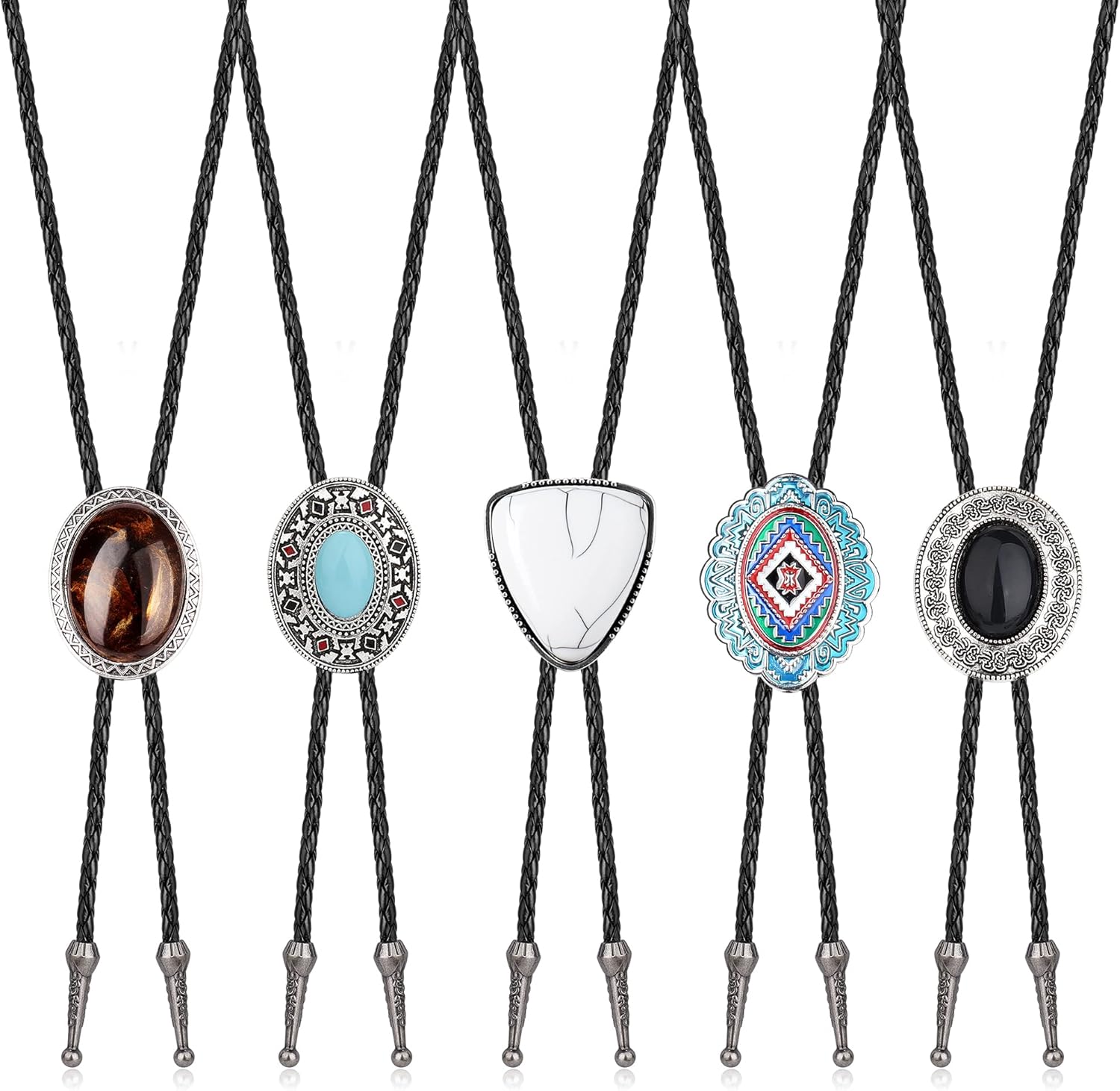 IRONBOX 5Pcs Bolo Tie for Men Handmade Western Cowboy Leather Necktie Totem Element Halloween Costume Accessories