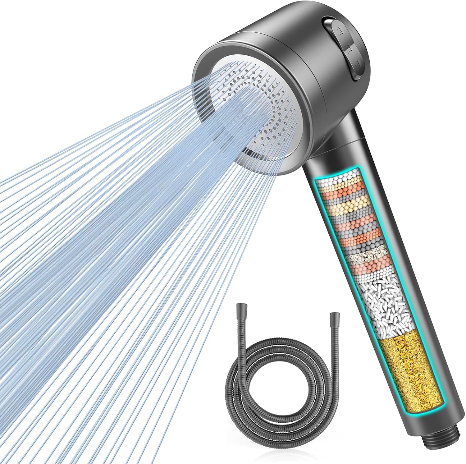 MEKO High Pressure Filter Shower Head for Hard Water UK,1.5m Hose,3 Modes