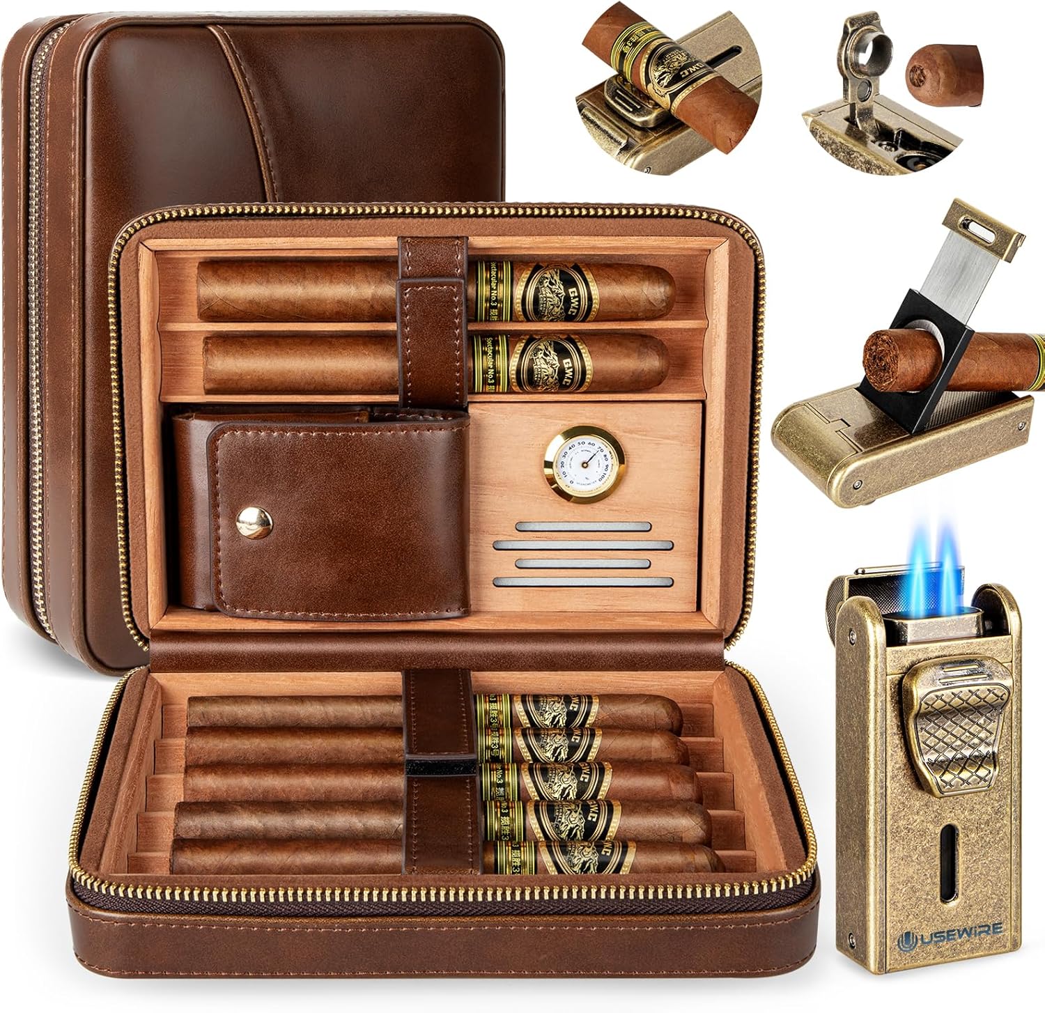 Cigar Humidor, Leather Cigar Case with Cigar Lighter, Built-in Straight Cigar Cutter and Cigar Punch, Travel Cigar Humidor with Humidifier and Cedar Tray, Cigar Accessories Set for Men (Butane Free)