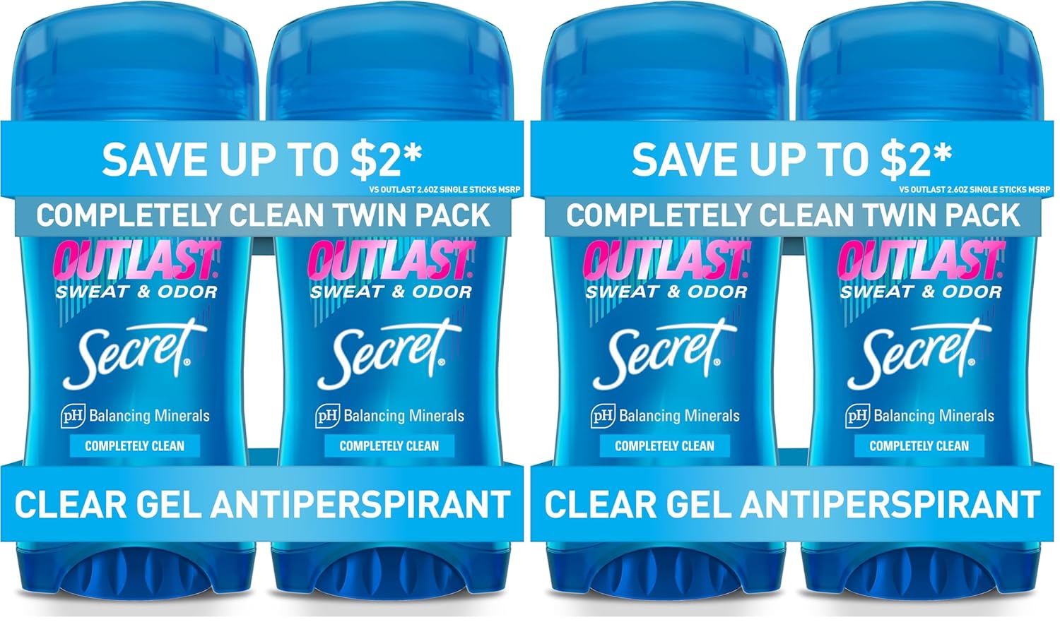 Secret Outlast Antiperspirant Deodorant for Women,72hr Sweat & Odor Protection,PH Balancing Minerals,Clear Gel,Completely Clean Scent,2.6 oz,(Pack of 4)