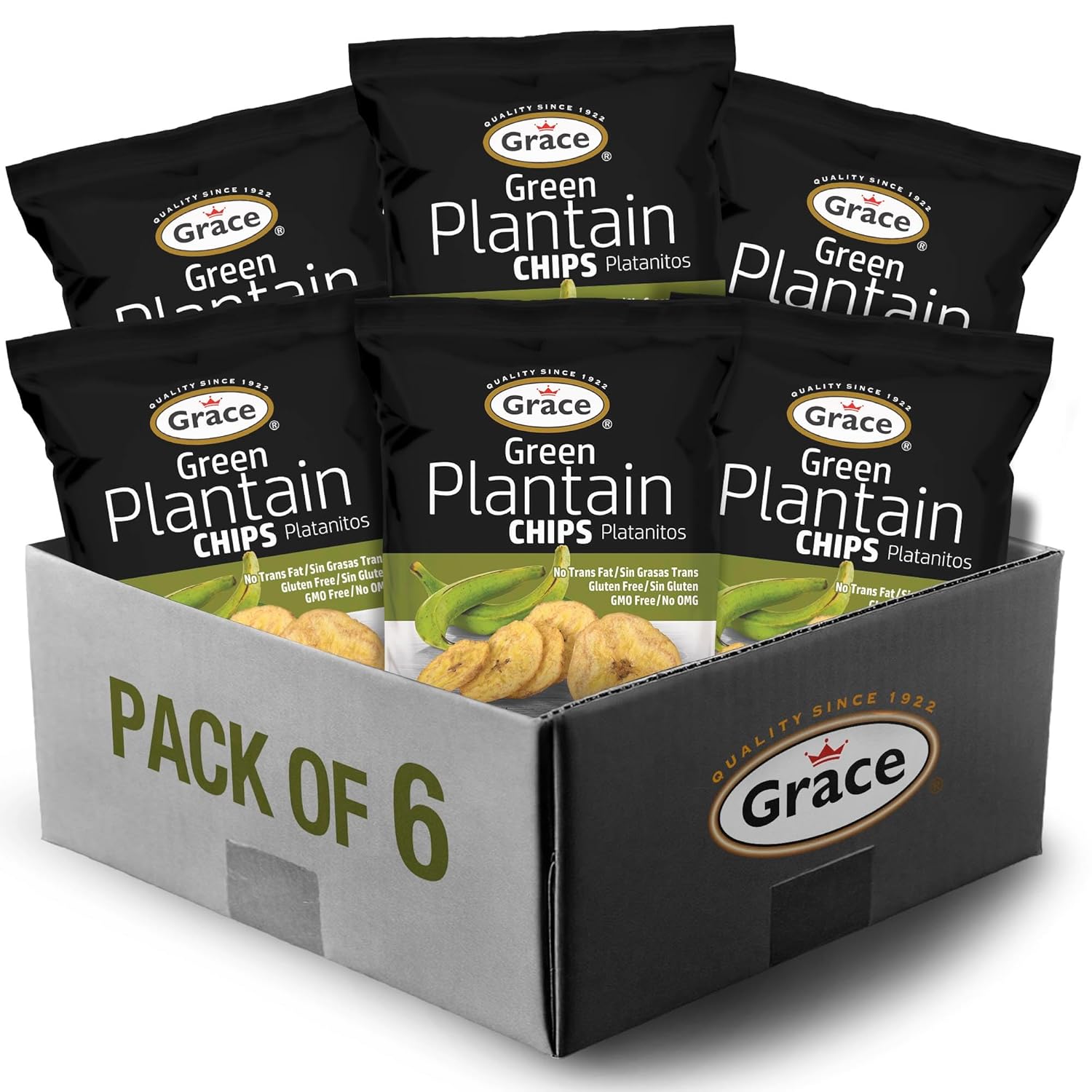Grace Green Plantain Chips 2.5oz - 6 Pack - Jamaican Gluten Free Banana Chips - Platanitos - Non-GMO & No Trans Fat