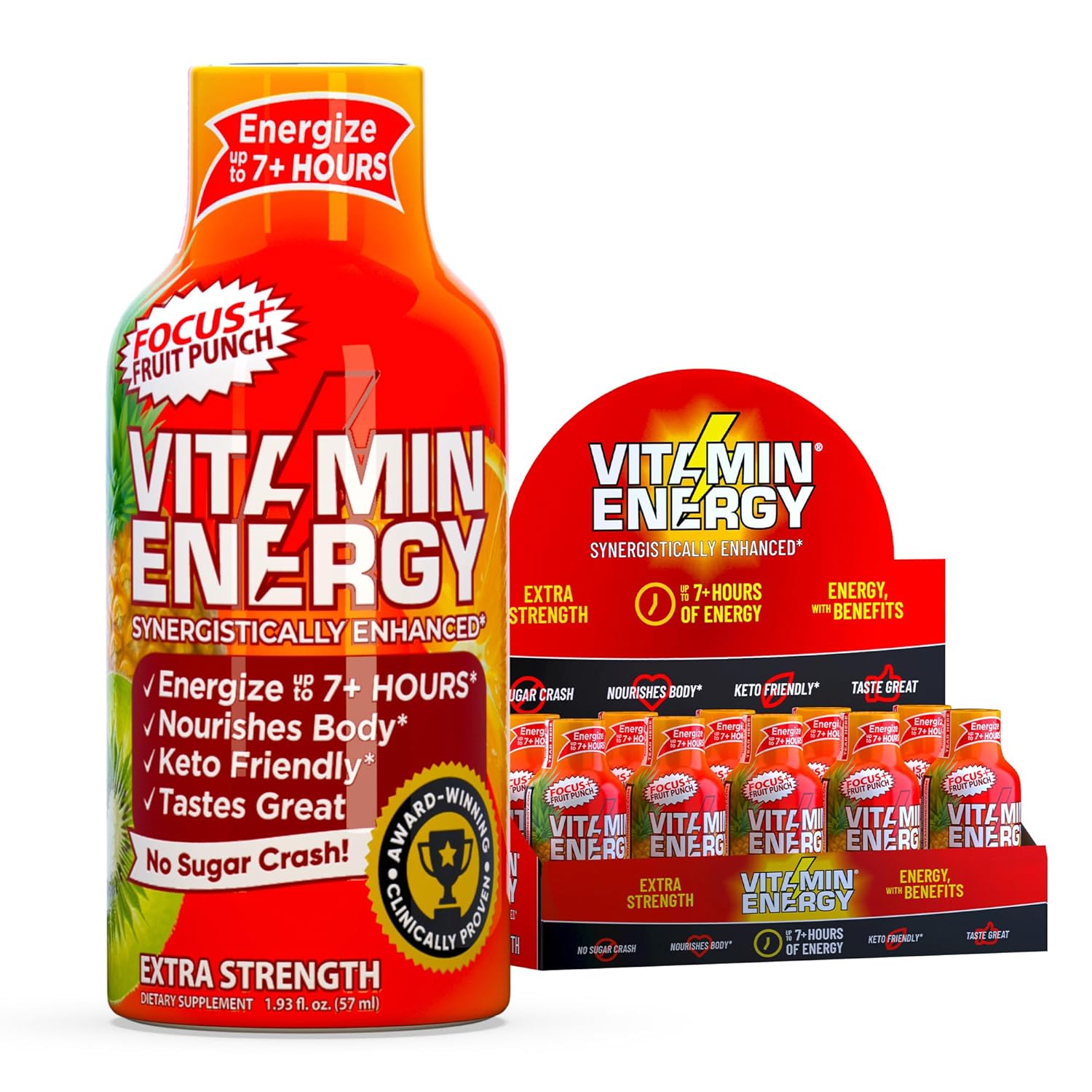 Vitamin Energy Focus+ Extra Strength Energy Shot Fruit Punch 10 Pack, 260mg Natural Caffeine, B-Vitamins, CoQ10, Amino Acids, Focus, Productivity & Clarity, Zero Sugar, Gluten-Free, 1.93 fl oz