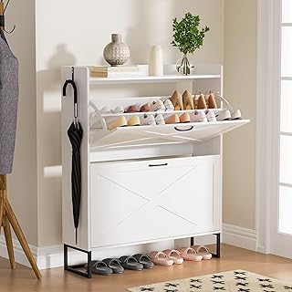 Shoe Cabinet with 2 Flip Drawers, Freestanding Shoe Organizer with Removable Hooks, Narrow Shoe Rack Cabinet for Entryway, Hallway, Living Room, White