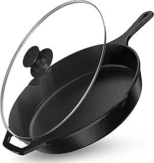 Utopia Kitchen Saute Fry Pan Pre-Seasoned Cast Iron Skillet With Lid, Frying Pan, Cast Iron Pan, Safe Grill Cookware for Indoor & Outdoor Use (1, Black, 12 inch)