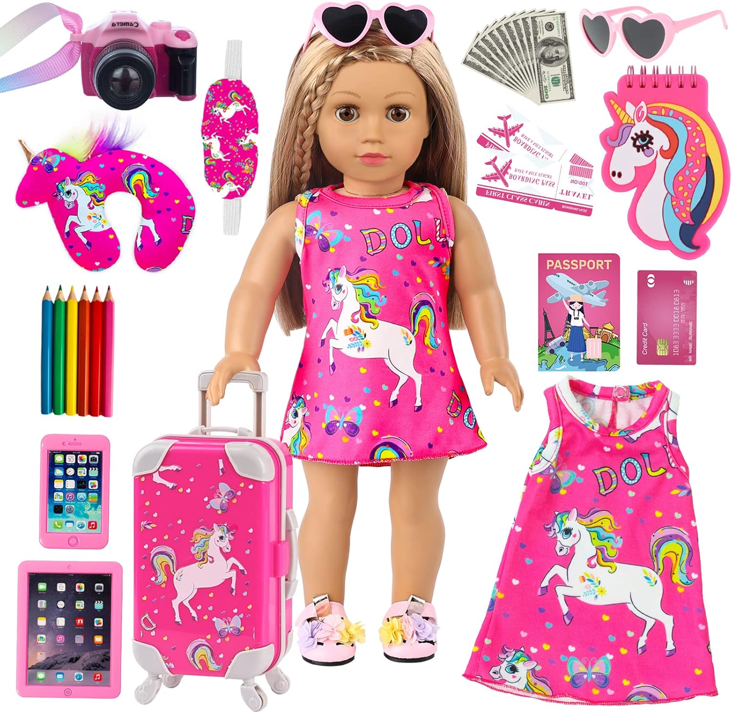 ZQDOLL American 18 Inch Doll Clothes and Accessories Travel Luggage Play Set Including 18 Inch Doll Clothes Travel Suitcase Travel Pillow and Eye Mask(NO Dolls)