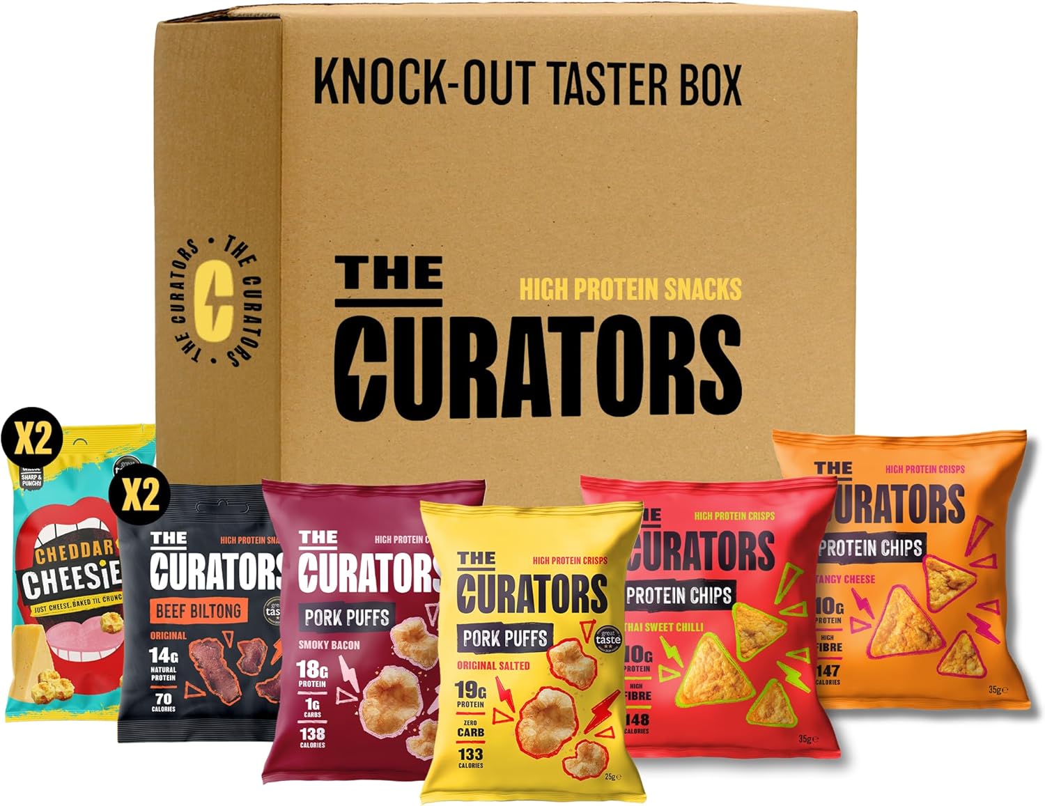 THE CURATORS High Protein Knock-Out Taster Box, Biltong, Pork Puffs, Cheesies & Protein Chips (8 Items) Savoury Snack Variety Gift Party Hamper