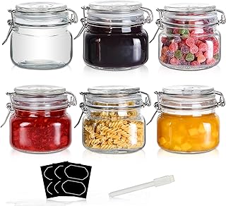 YEBODA 16oz Food Storage Canister Glass Jars with Clamp Airtight Lids and Silicone Gaskets for Multi-Purpose Kitchen Containers - Clear Square (6 Pack)
