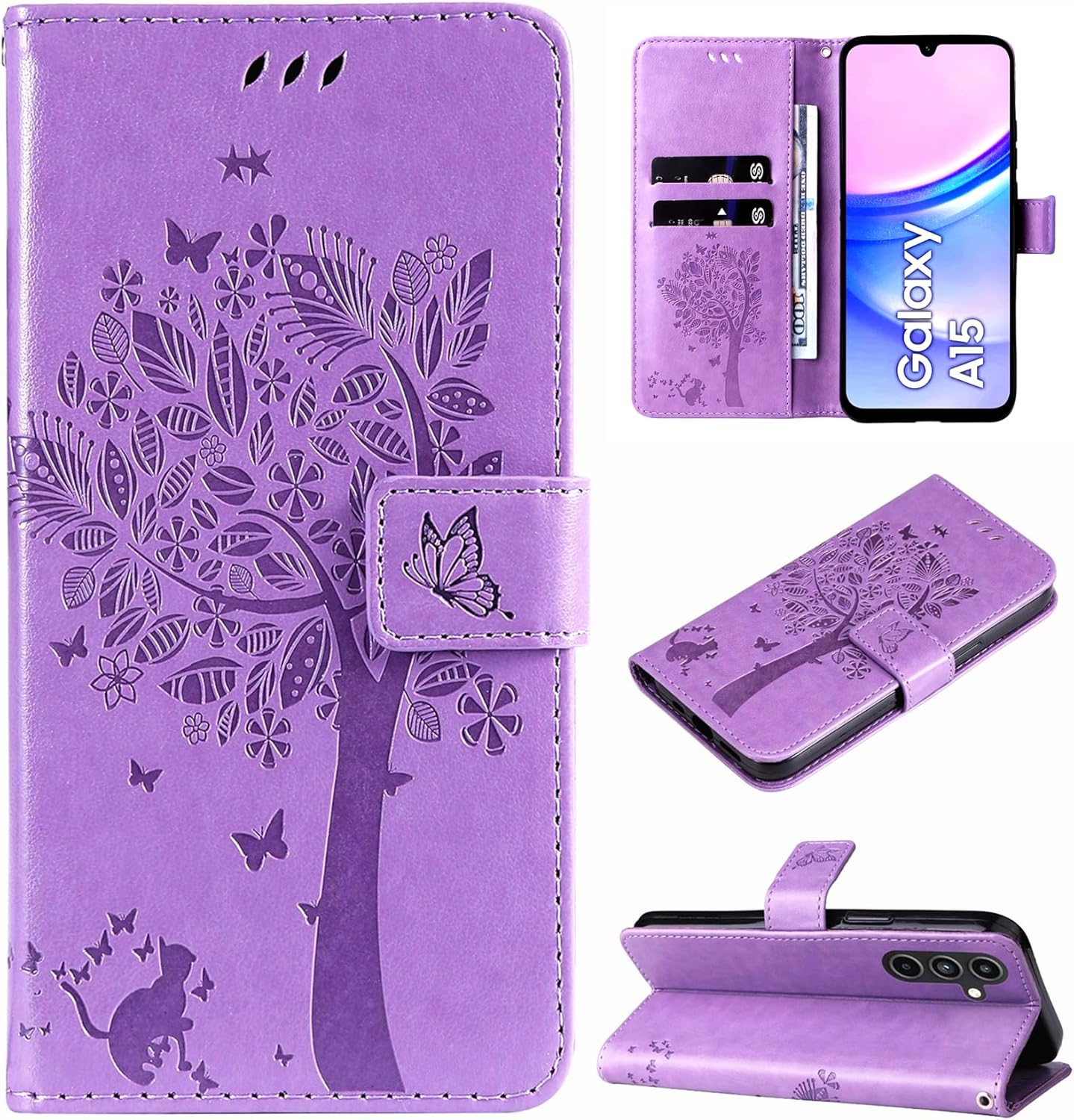 Hancda Case for Samsung Galaxy A15 5G/4G, Leather Case Wallet Flip Cover with Card Holder Slot Design Pattern Magnetic Stand Strap Shockproof Phone Case Cover for Samsung Galaxy A15 5G/4G,Purple