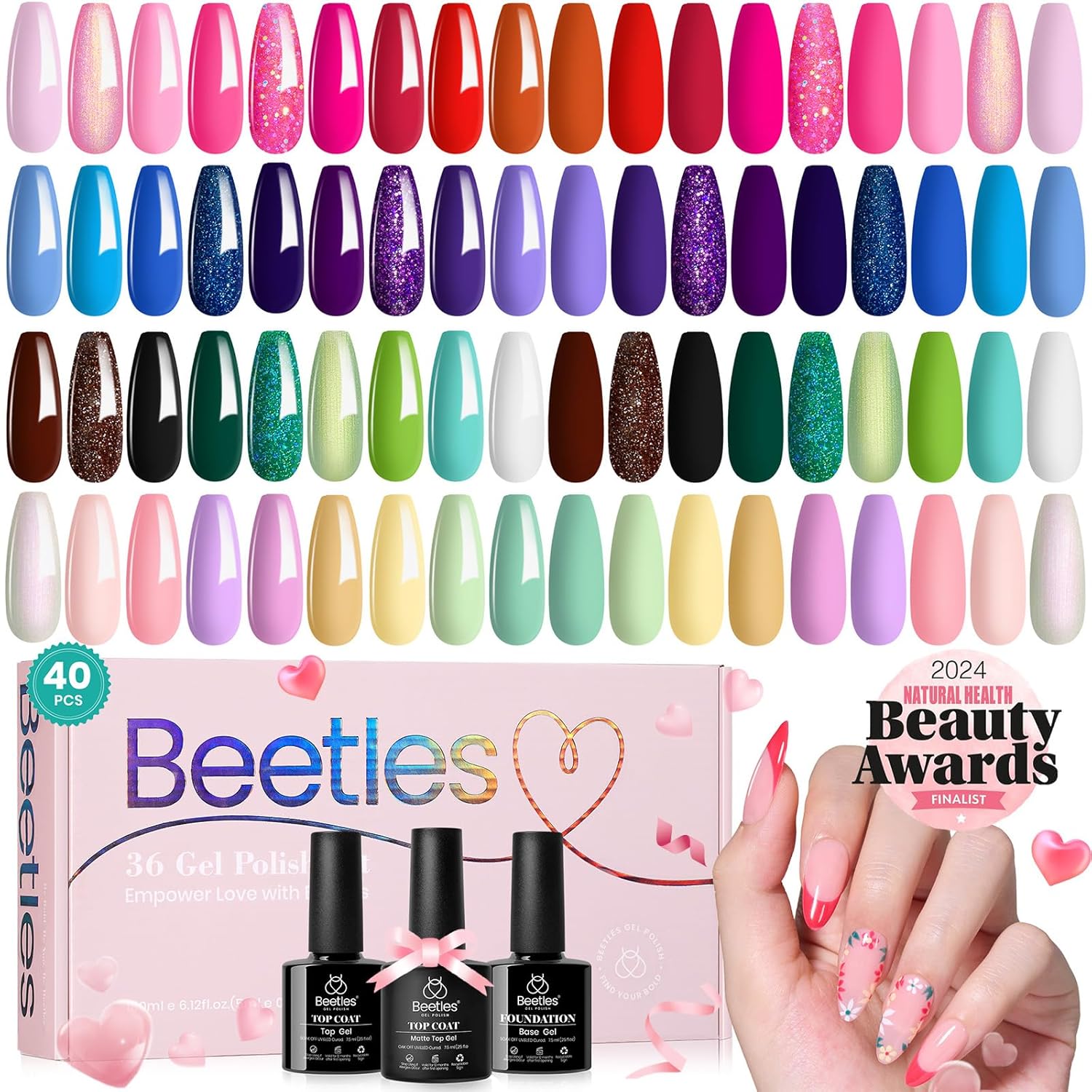 beetles Gel Polish Set 36 Colors Verse of Flower Collection Spring Summer Gel Nail Polish Pink Red Green Blue Gel Polish with 3Pcs Base Top Coat Soak off UV Gel & Nail Art Stickers Gifts for Women