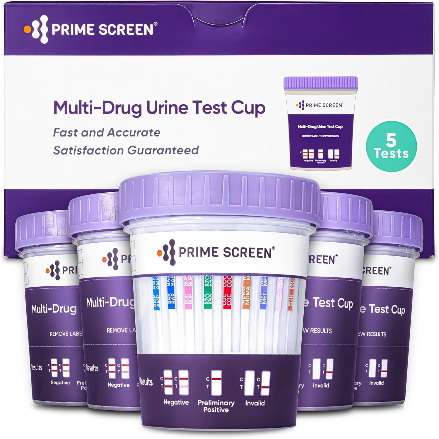 Prime Screen® Multi-Drug Urine Test Cup - 12 Panel drug test - Instant Testing Marijuana (THC),OPI,AMP, BAR, BUP, BZO,COC, mAMP, MDMA, MTD, OXY, PCP - [5 Pack]