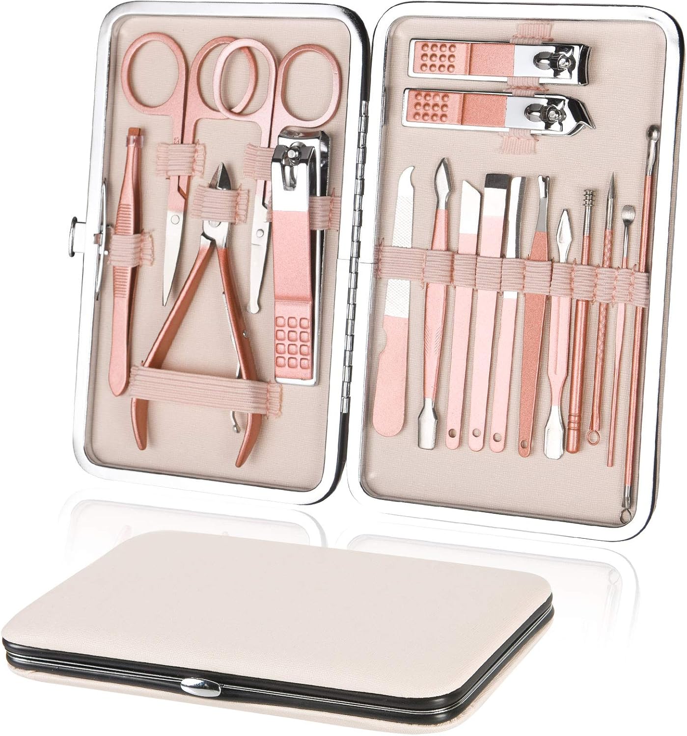 URAQT Nail Clippers, 18 pcs Manicure Pedicure Set, Nail Scissors Cuticle Remover for Men Women, Stainless Steel Nail Care Grooming Kit with Leather Case for Travel & Home