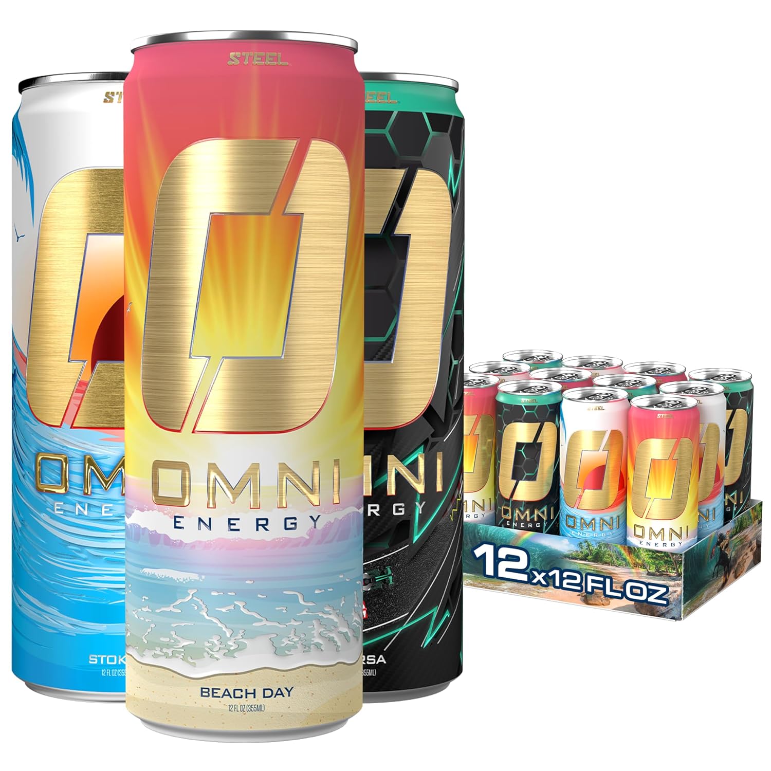 OMNI Energy Drink Variety 12 Oz (Pack of 12) | 200mg Clean Caffeine, B Vitamins | Sugar-Free, Low Calorie, Energy Drink for All-Day Vitality