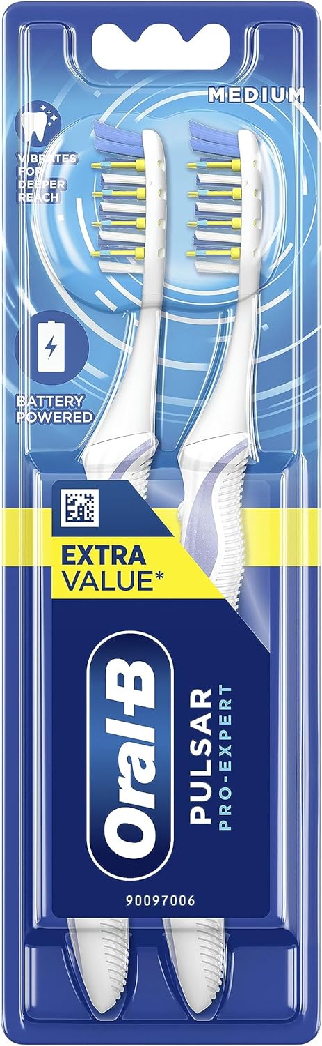 Oral-B Pulsar Pro-Expert 2X Manual Toothbrushes, With Battery Powered Vibrating Bristles For Deeper Reach, Slim Handle, (Colours May Vary)
