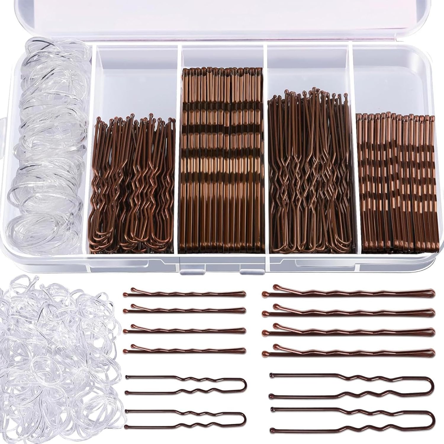 300pcs Bobby Pins Kit, Hair Clips, U-shaped Hair Clips and Ha-ir Bands - Bobby Pins for Women Ha-ir Pin for Buns, H-air Grips Gold H-air Styling Accessories with Storage Box(Brown)