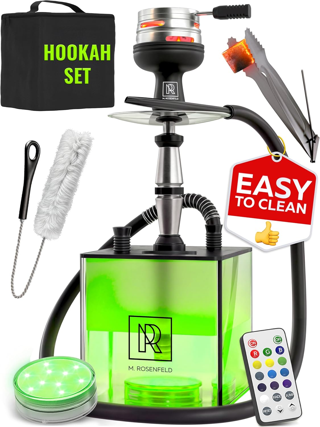 Hookah Set With Everything - YADO Square Hookahs To Go with Hookah Charcoal Holder & Amazing Led Light Remote & Big Black Silicone Sisha Bowl for smoking and Bag for Big Hookah Set - Shisha Hooka