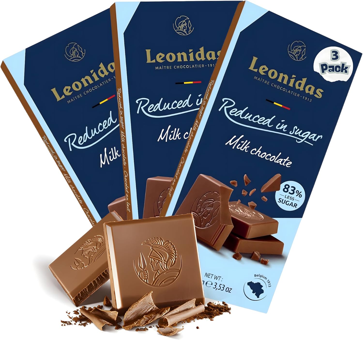 Leonidas 3 Pack Reduced in Sugar Milk Chocolate Tablet – Premium Belgian Chocolate – Less Sugar, Same Indulgence – Smooth & Creamy Guilt-Free Treat for Snacking, Gifting & Sharing (100g Each)