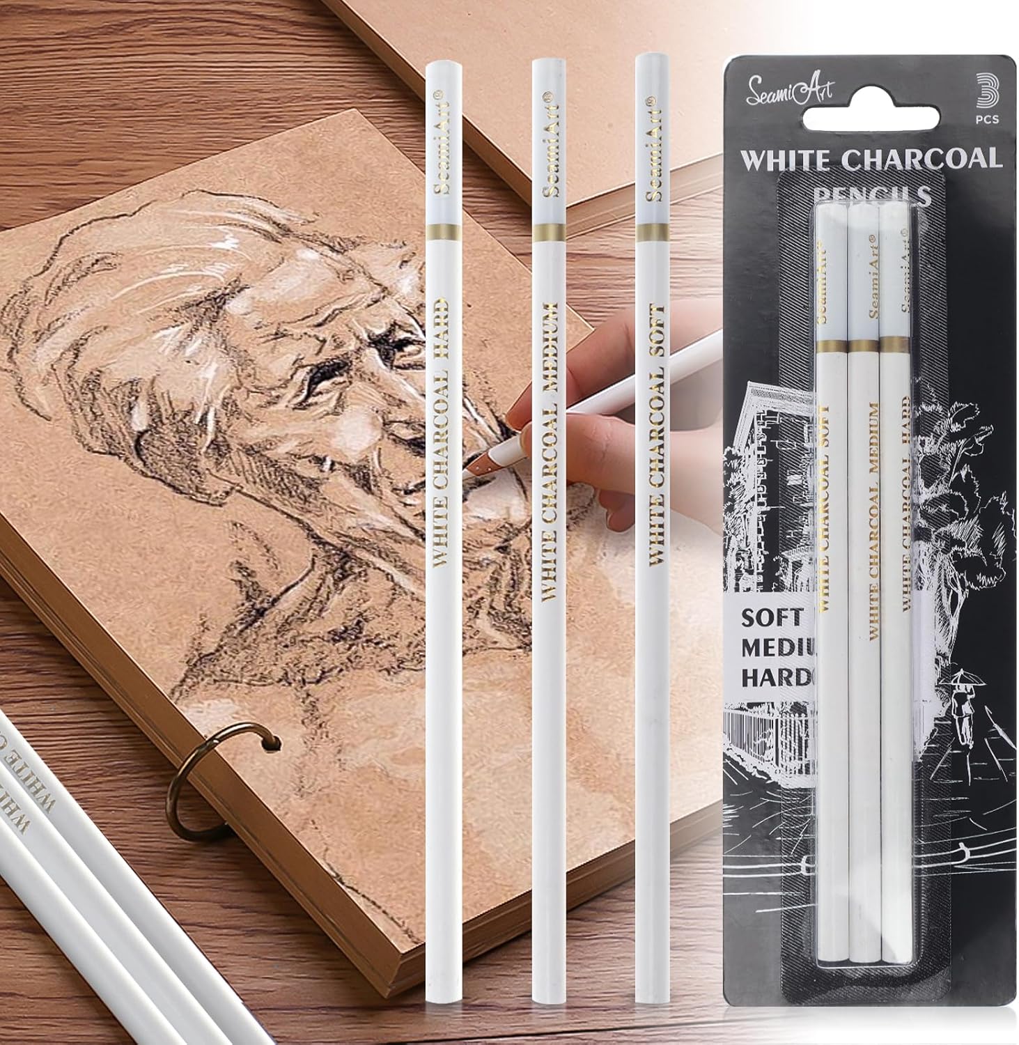 UICCVOKK Charcoal Drawing Pencils Set, White Charcoal Pencils for Artists Charcoal Pencils White Artist Pencil Drawing White Pencils Charcoal Pencils Drawing, Soft/Medium/Hard(White, 3 Pcs)