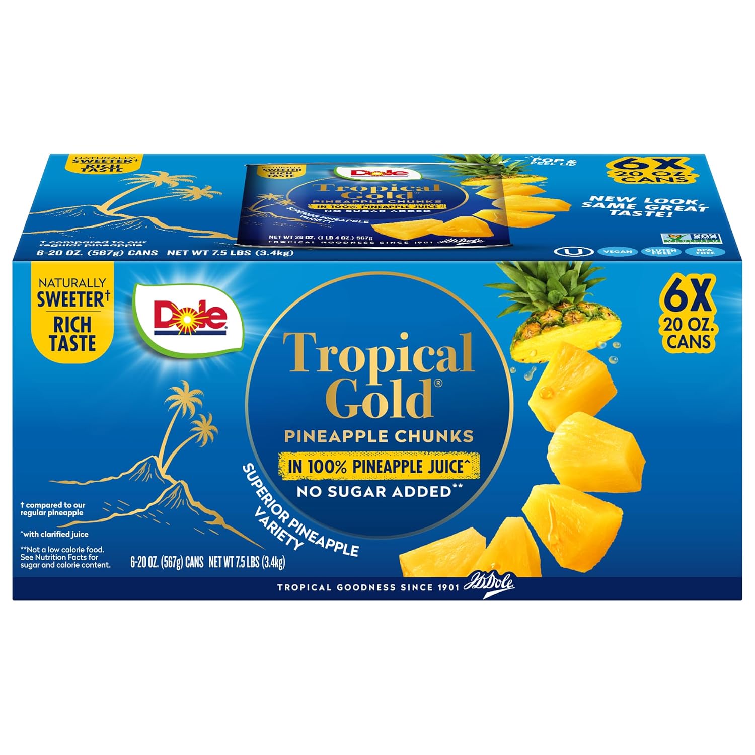 Dole Canned Fruit, Tropical Gold Pineapple Chunks in 100% Pineapple Juice, Gluten Free, Pantry Staples, No Sugar Added, 20 Oz, 6 Count