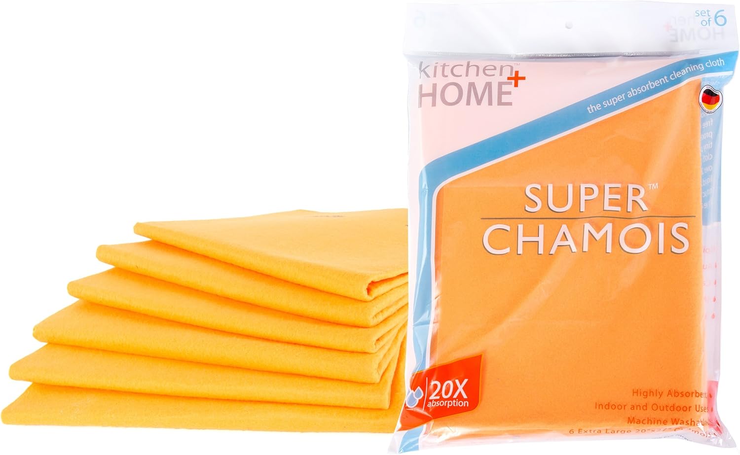 Super Chamois - Extra Large 20" X 27" Super Absorbent Cleaning Cloth - 6 Pack Orange Shammy - Holds 10x It's Weight in Liquid