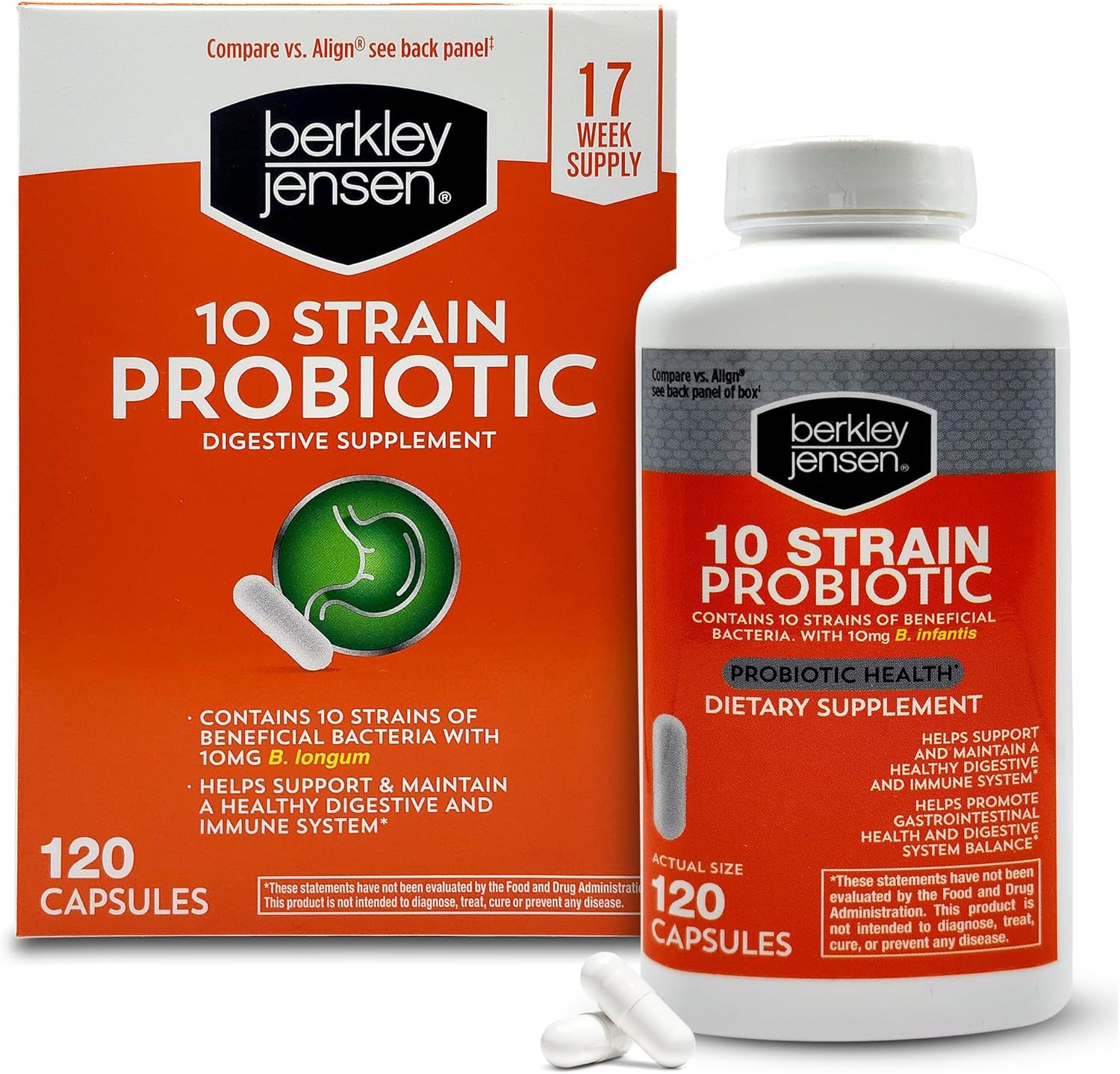 Berkley Jensen Natural 10 Strain Probiotic Supplement Capsules with 10mg B. Longum, Loaded with Live Strains & Beneficial Gut Flora, for Digestive & Immune Health - 17-Week Supply, 120 Ct