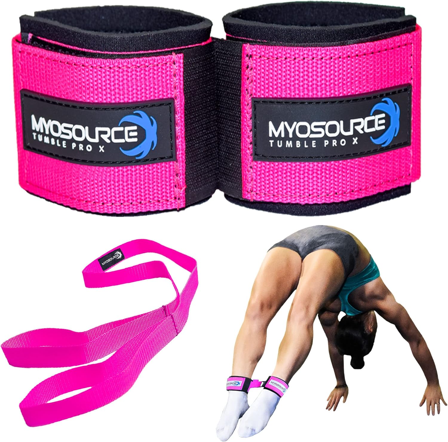 Myosource Kinetic Bands Tumble Pro X Ankle Straps Kit – Cheerleading Standing Tumbling Equipment, Gymnastics Backhandspring Trainer – Includes Flexibility Stunt Stretch Strap – Blue, Pink, Purple