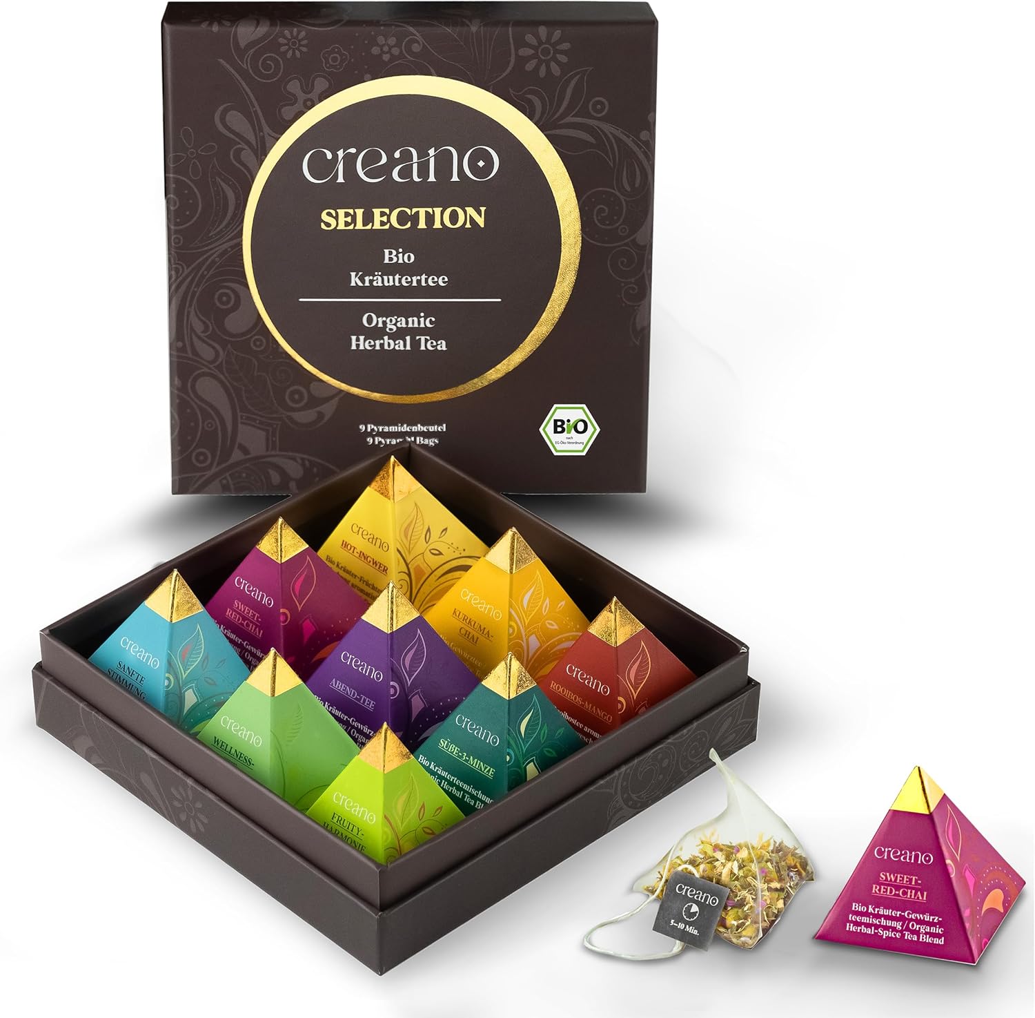 Creano Organic Herbal Tea Gift Set "Organic Herbal Tea" – 9 Pyramid Tea Bags in 9 Different Varieties – 22,5 g*