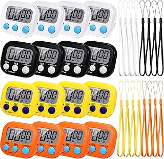 Flutesan 16 Pcs Small Digital Kitchen Timers Classroom Timers for Students Magnetic Back and on Switch Minute Second Count up Countdown with Matching Ropes(Black, White, Yellow, Orange)
