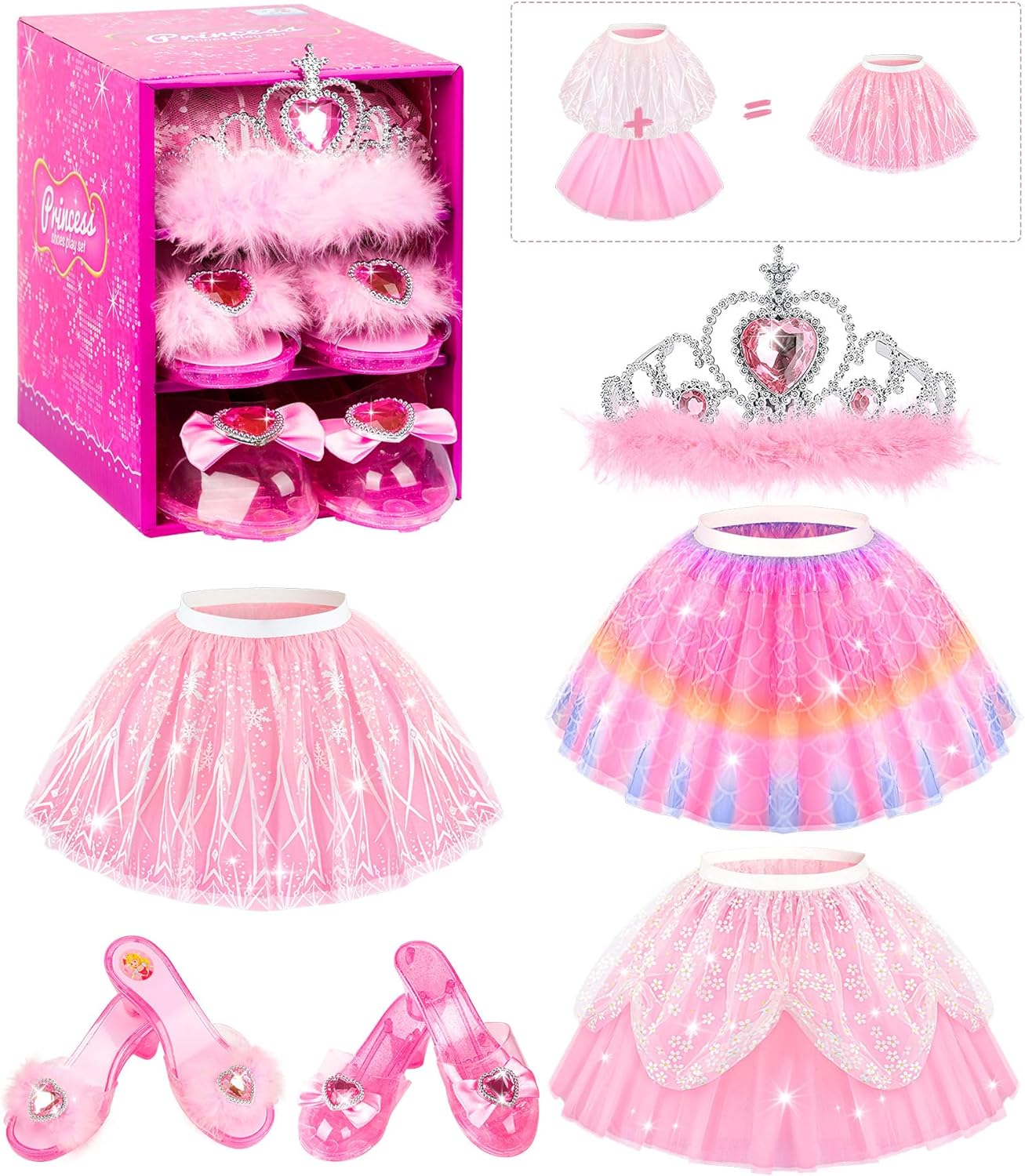 Jeowoqao Dress up Shoes Princess Dresses for Girls, Little Girls Princess Dress up Clothes Set 1pc TuTu Skirt with 3ps Skirt Veils, Play Toys for Girls Age 3 4 5 6 Years Birthday Gift