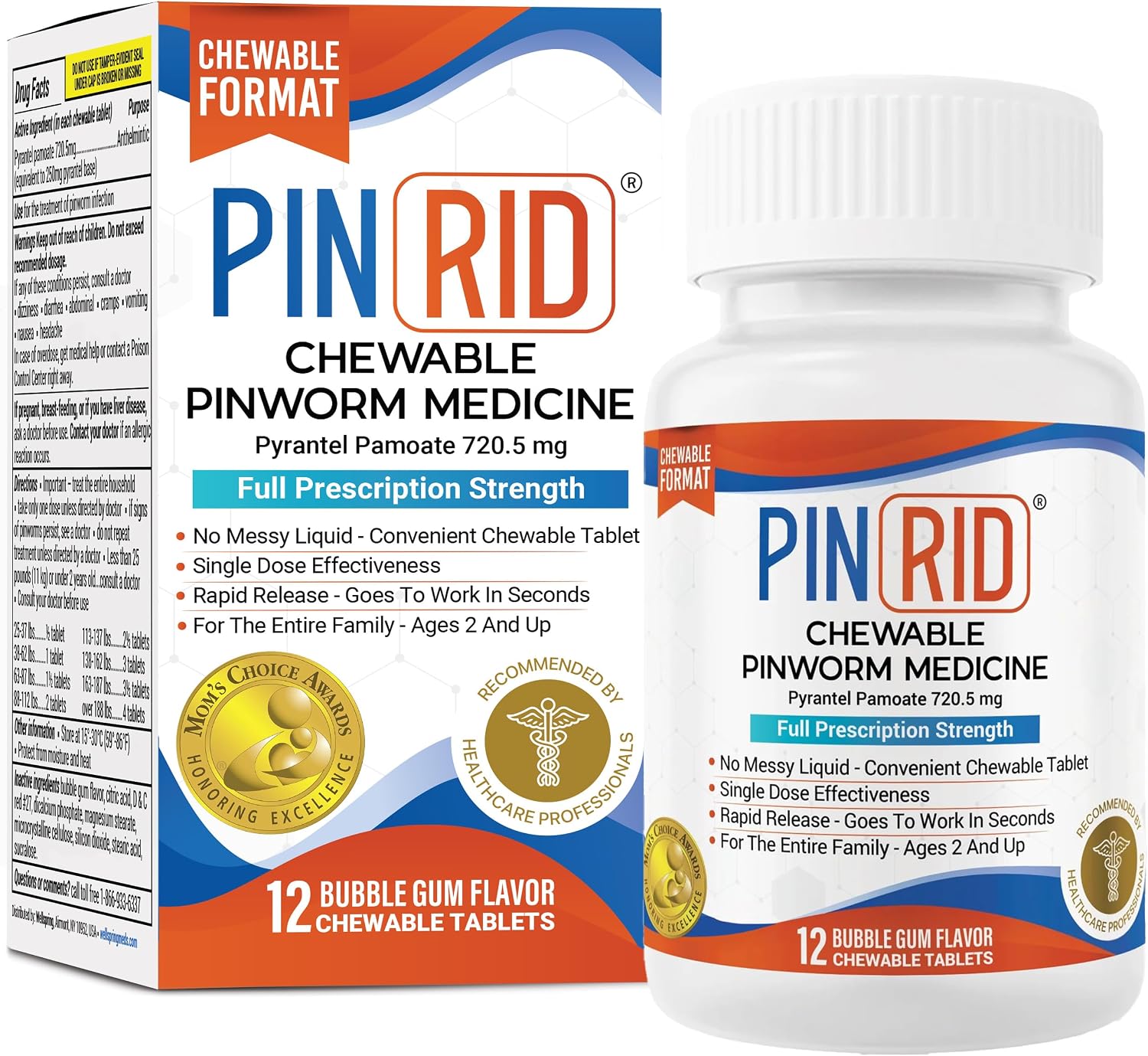 PIN RID Pyrantel Pamoate 250mg Pinworm Medicine Chewable Tablets 12 Count