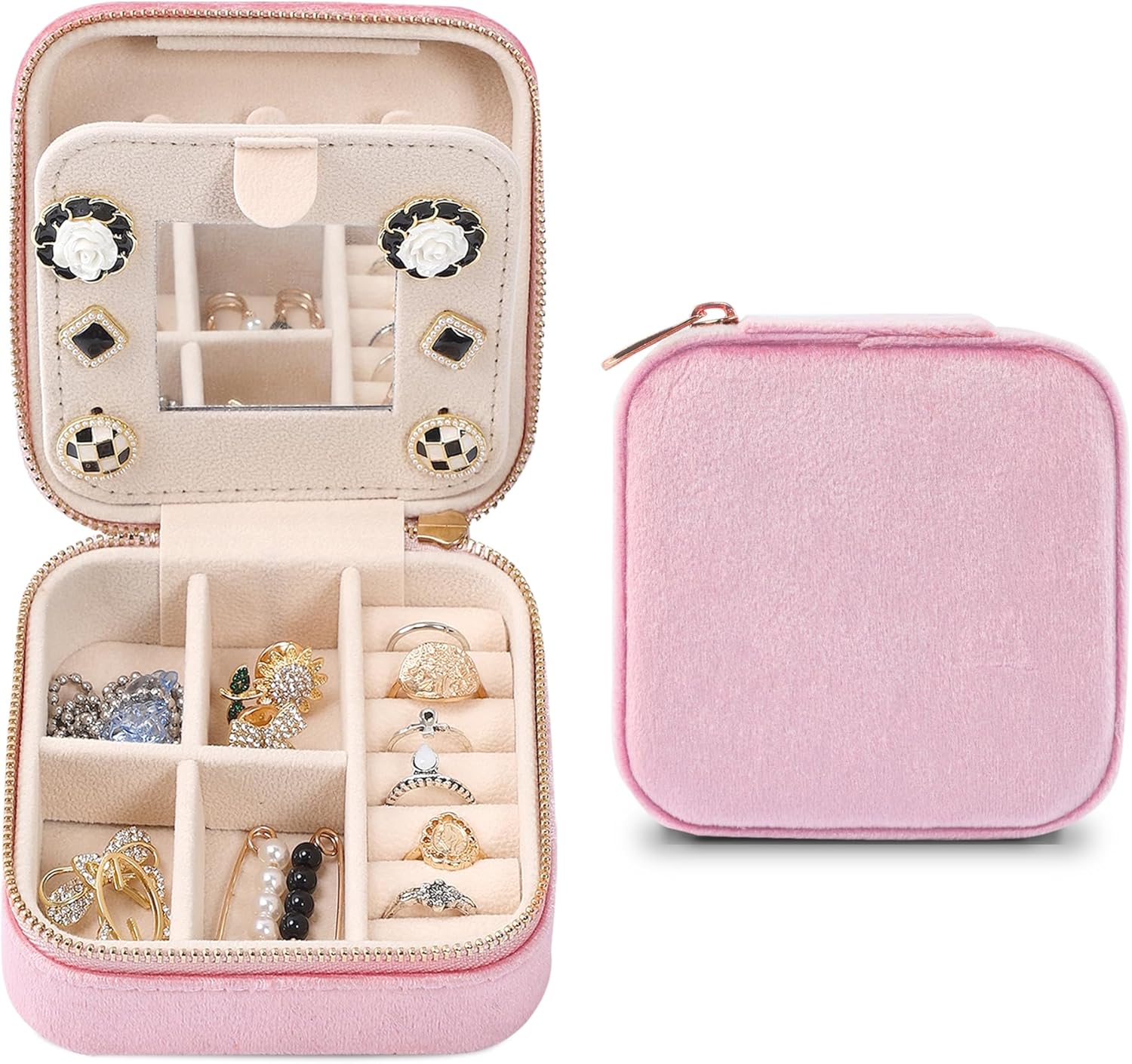 Dajasan Travel Jewellery Box for Women Girls,Small Jewelery Storage Case,Velvet Jewellery Organiser for Rings,Earrings,Necklace, Bracelets (Pink)