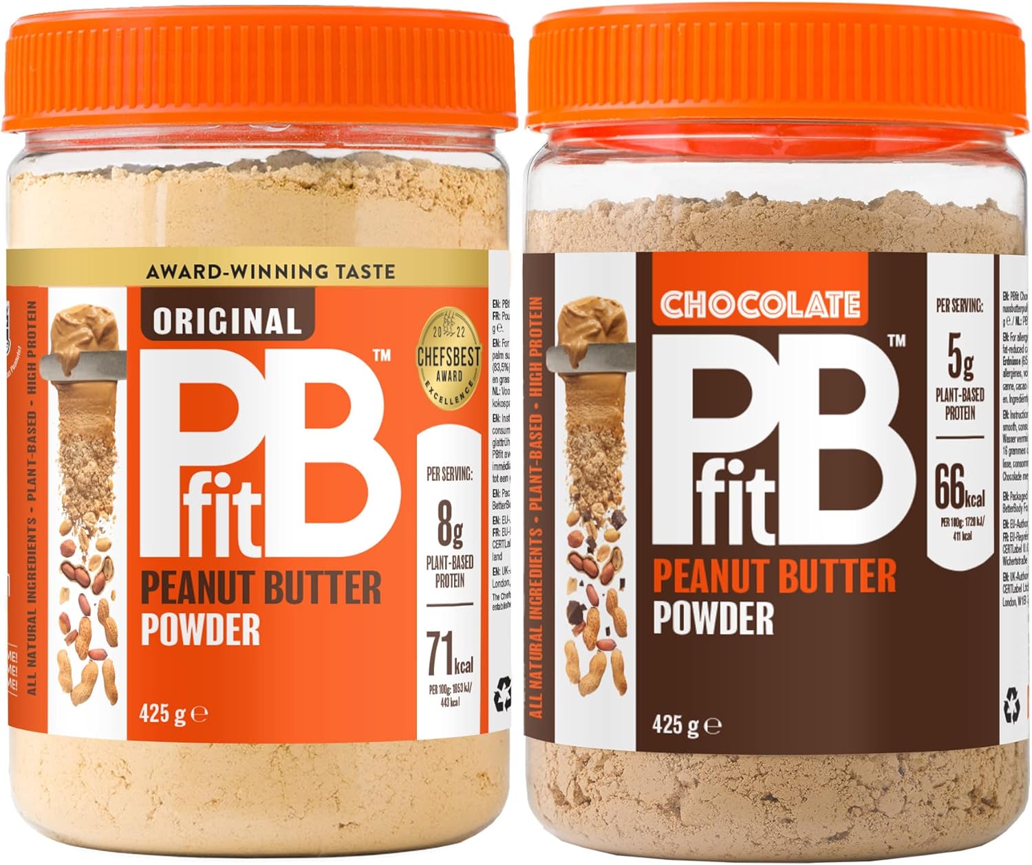 PBfit Peanut Butter Powder - Original & Chocolate - 87% Less Fat, Gluten Free All Natural Nut Butter Spread - Powdered Peanut Butter from Real Roasted Peanuts - 425g (Pack of 2)