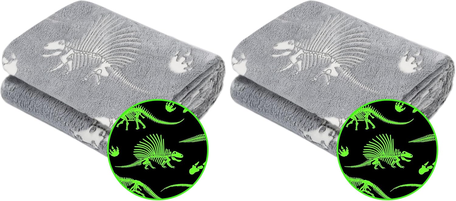 Glow in The Dark Blanket Dinosaur Throw Blanket for Boys Kids Soft Warm Cozy Cute Dino Blanket Unique Dinosaurs Toys Gifts Gray Glowing Dinosaur Room Decor Blankets for Girls Teens 50"x60" (Pack of 2)
