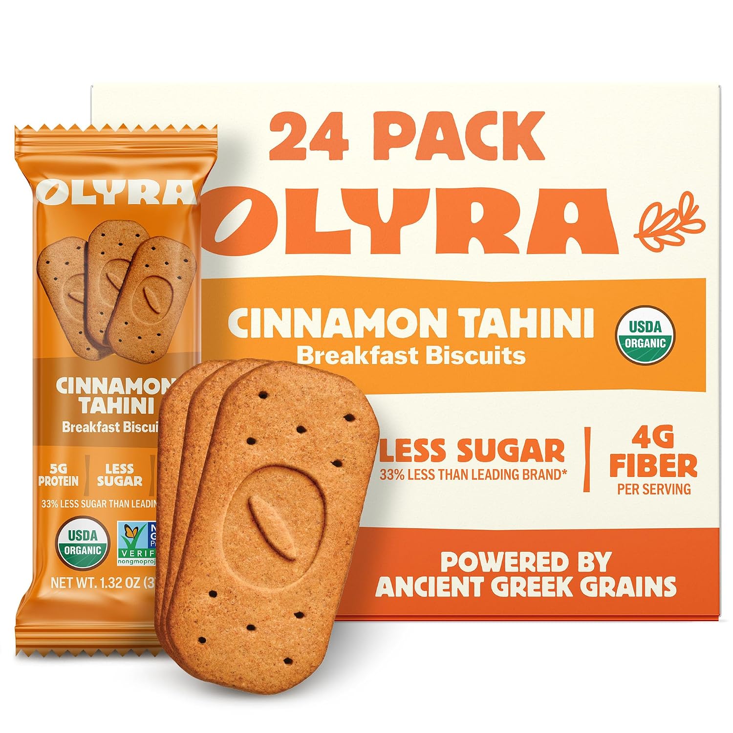 Olyra Breakfast Biscuits Cinnamon Tahini, Kids Healthy Snacks, Low Sugar, High Fiber, Plant-Based Protein Cookies, Organic Breakfast Cookies with Ancient Greek Grains, 24 Packs